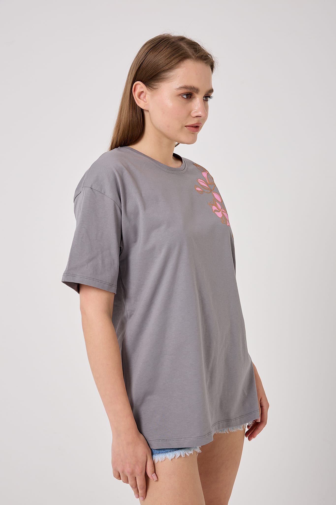 4626 - Oversize Omuz Çiçek Baskılı T-Shirt