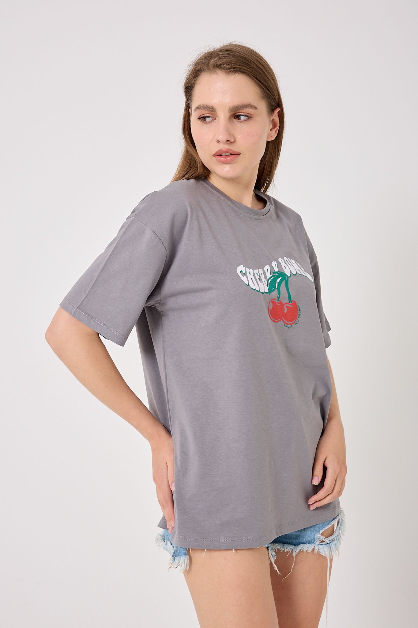  4616 - Oversize CHERRY BOMB Yazı Baskılı T-Shirt