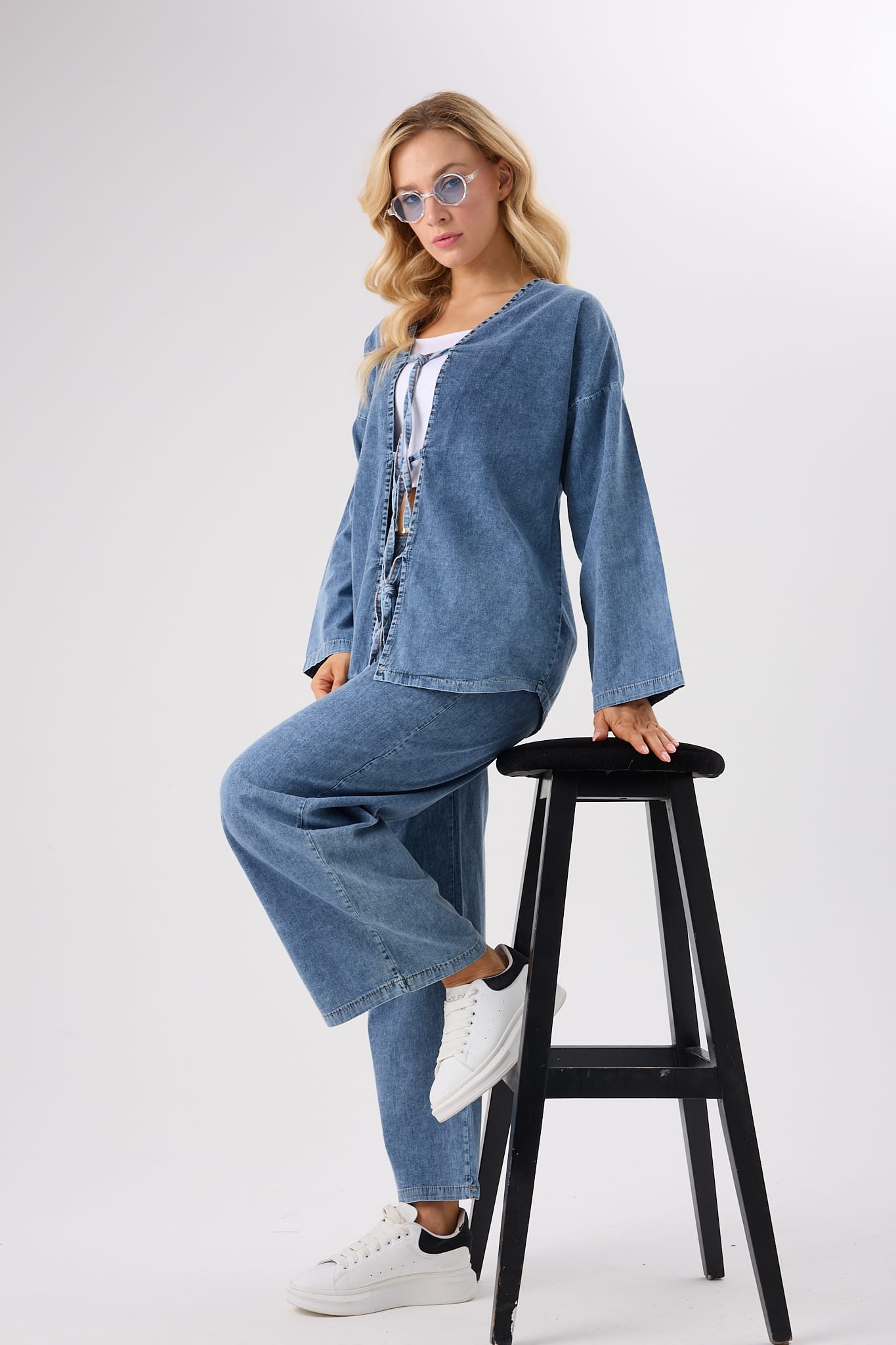 4632-Önden Bağlamalı Denim Alt Üst İkili Takım-Pamuk Kot