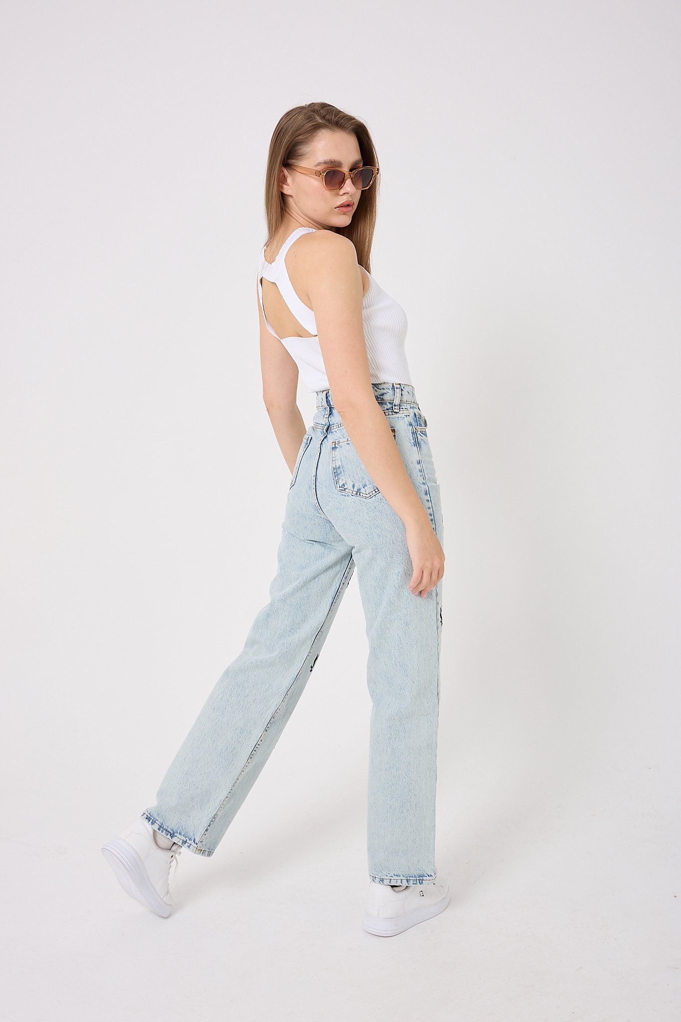  4602- Y S L Nakışlı Denim Palazzo Pantolon
