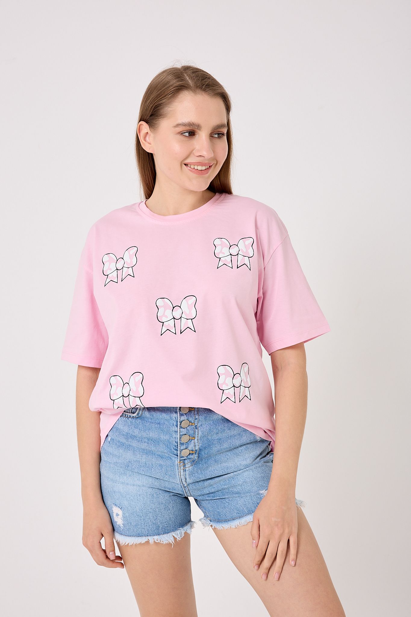 4610-Oversize Fiyonk Baskılı T-Shirt - Pembe