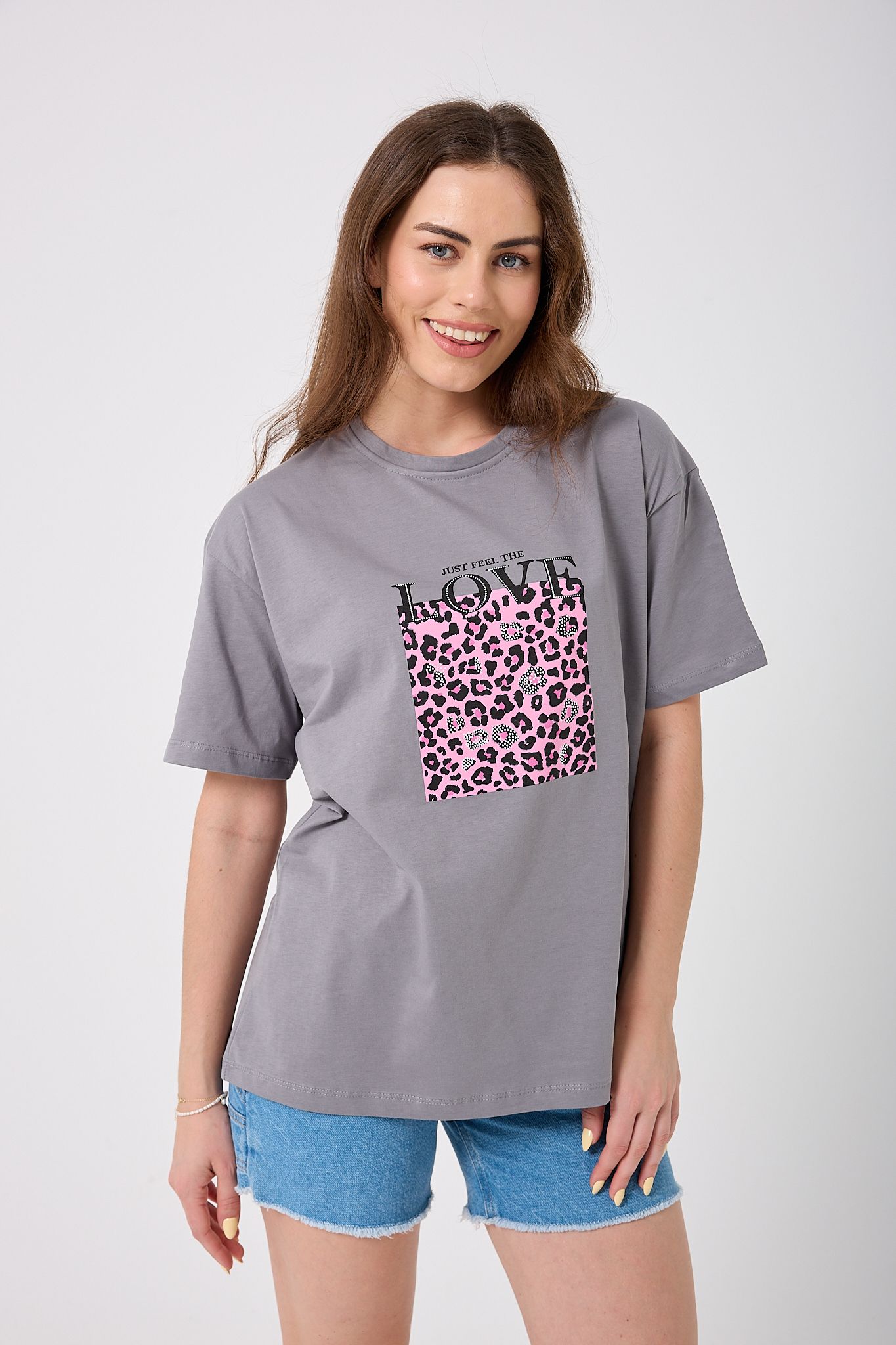 4620 - Oversize Just Feel The Love Yazı Baskılı T-Shirt