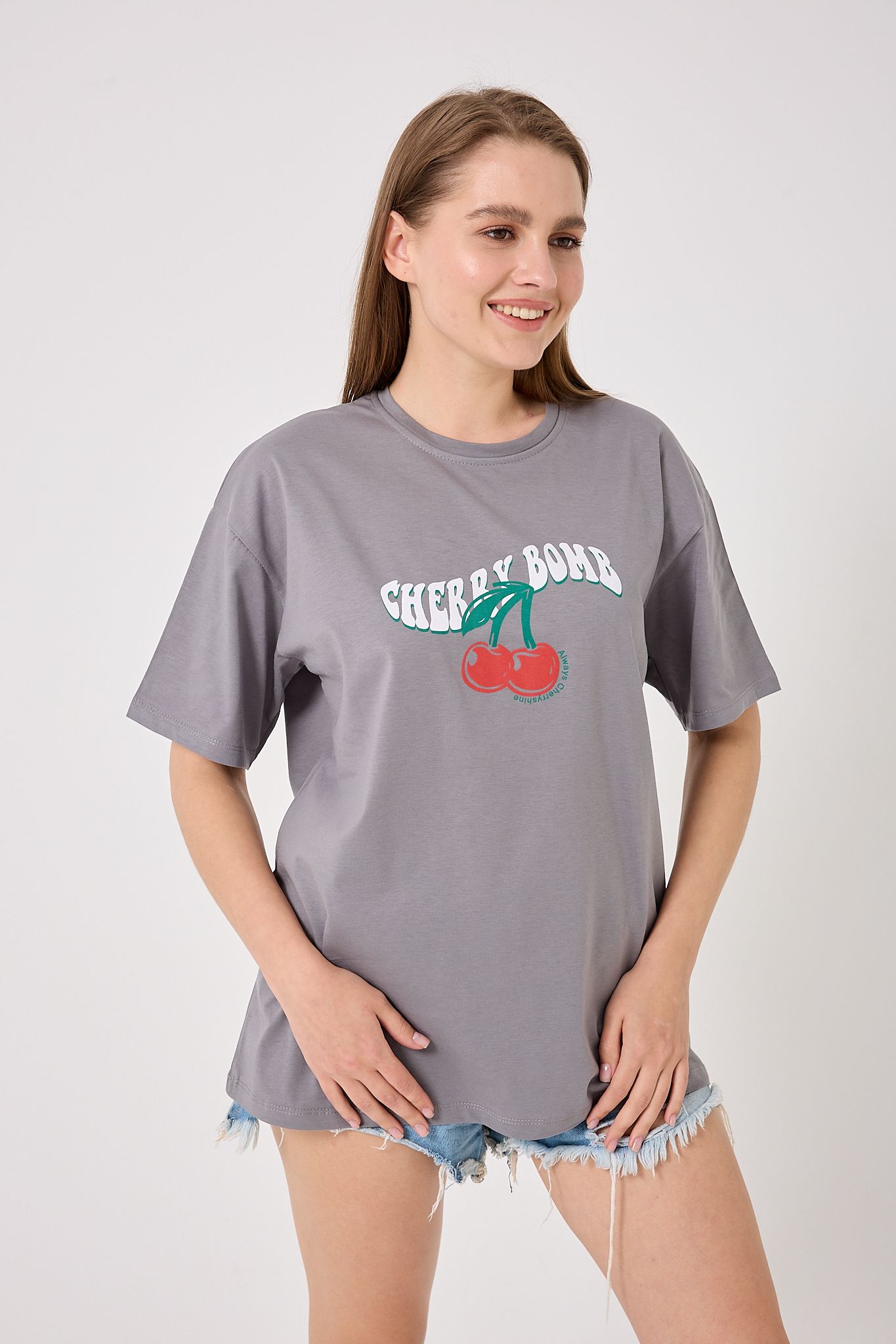  4616 - Oversize CHERRY BOMB Yazı Baskılı T-Shirt
