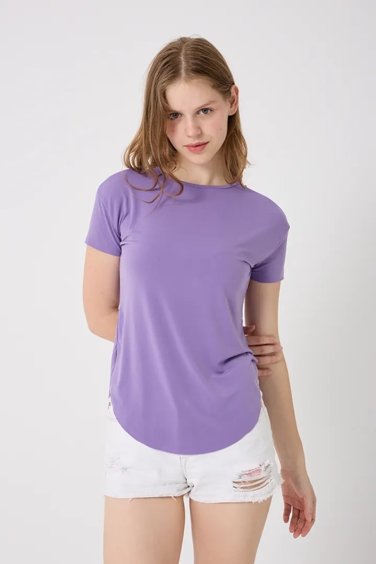 4650-Bisiklet Yaka T-Shirt - Lila