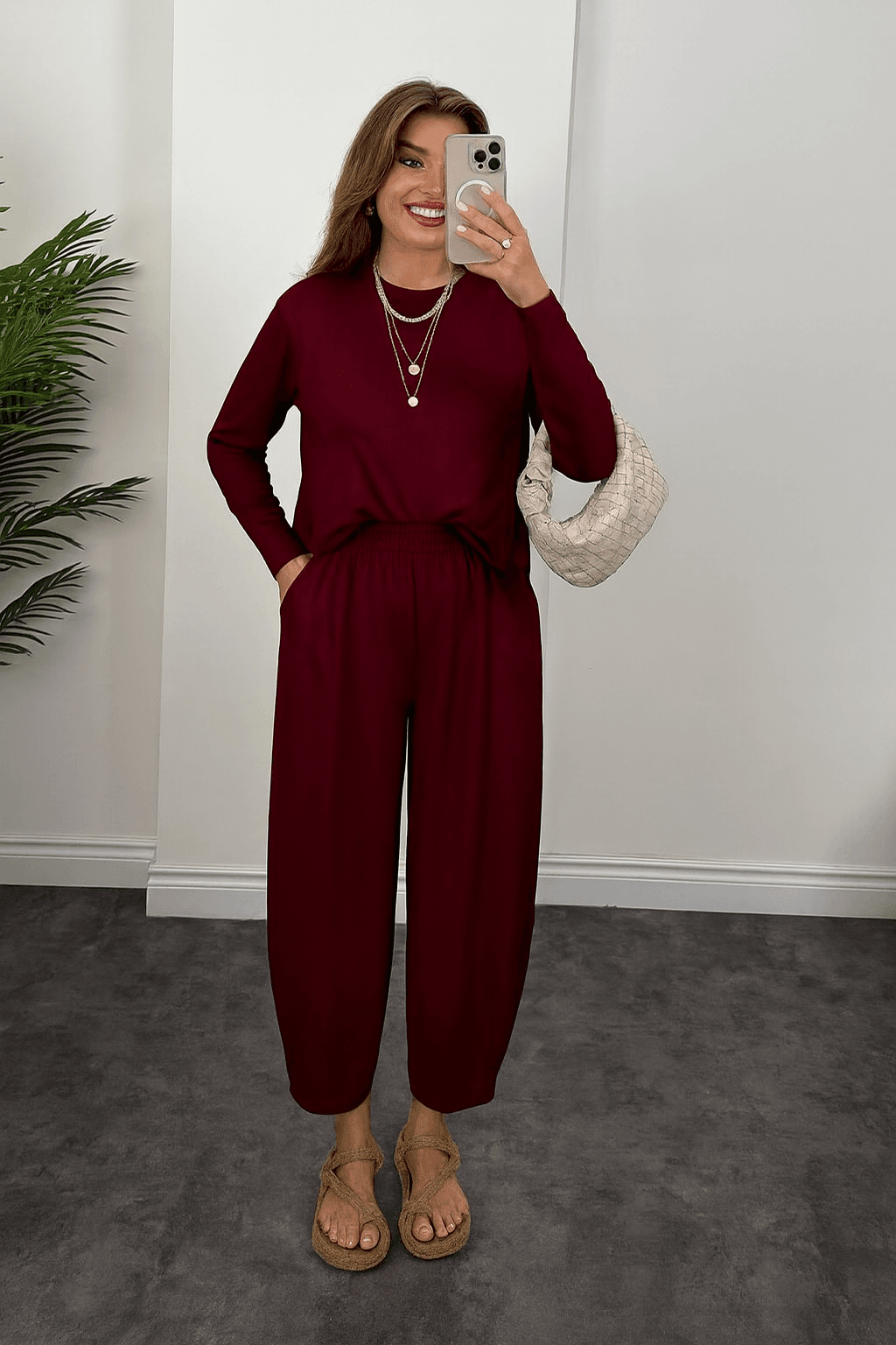 3507-Uzun Kollu Premium Oysho™ Modal Şalvar Takım - Bordo