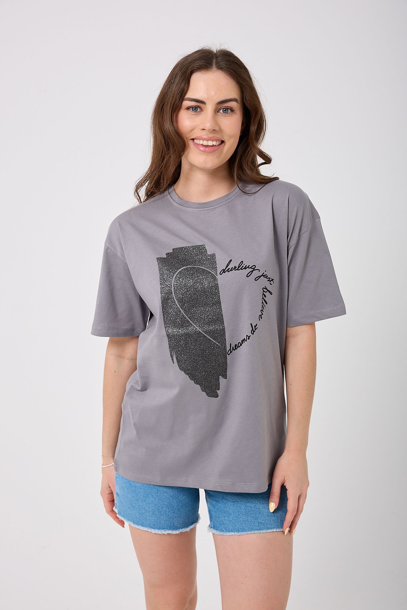 4625 - Oversize Simli Yarım Kalp Baskılı T-Shirt