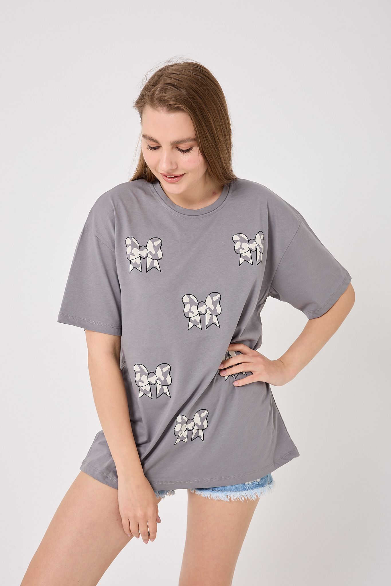 4610-Oversize Fiyonk Baskılı T-Shirt
