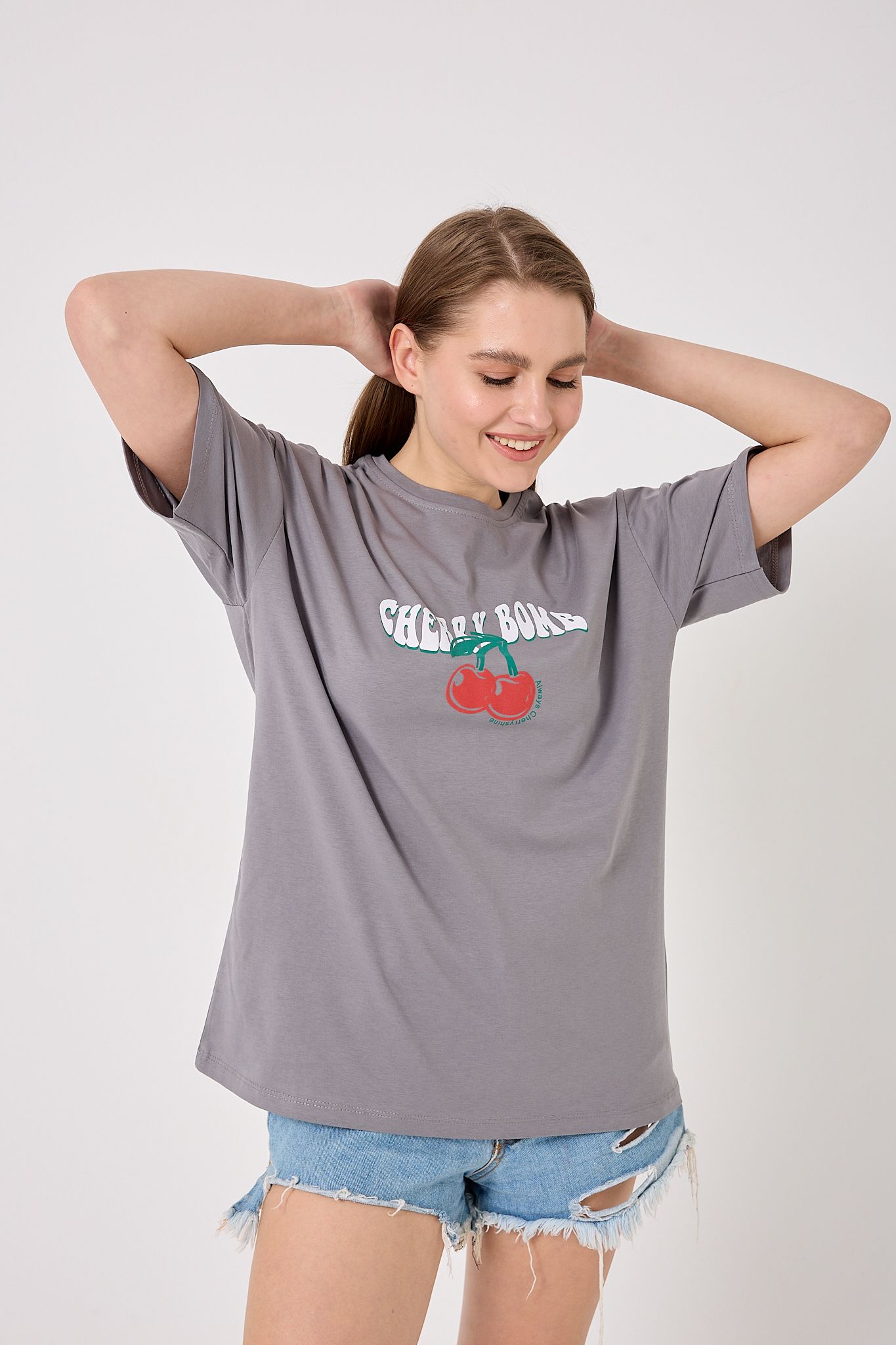  4616 - Oversize CHERRY BOMB Yazı Baskılı T-Shirt