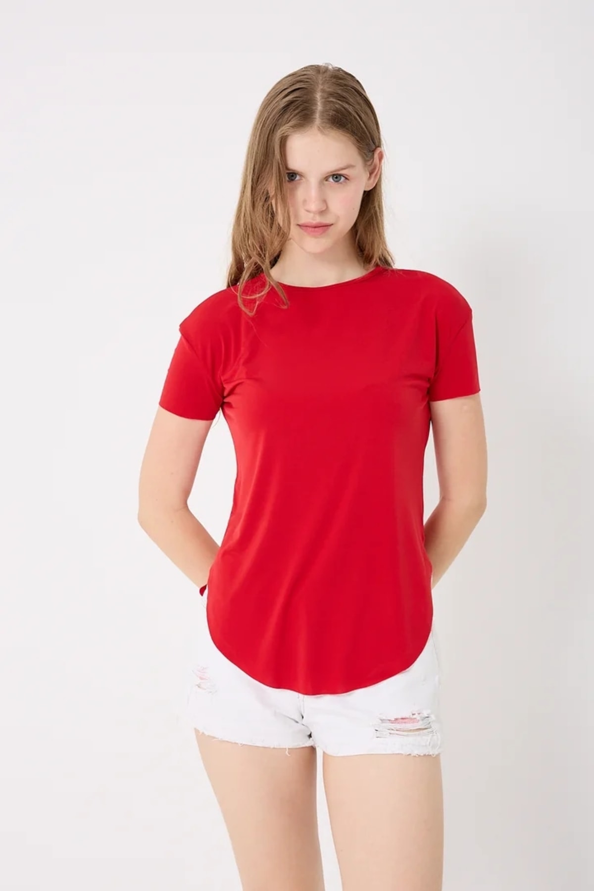 4650-Bisiklet Yaka T-Shirt - Kırmızı