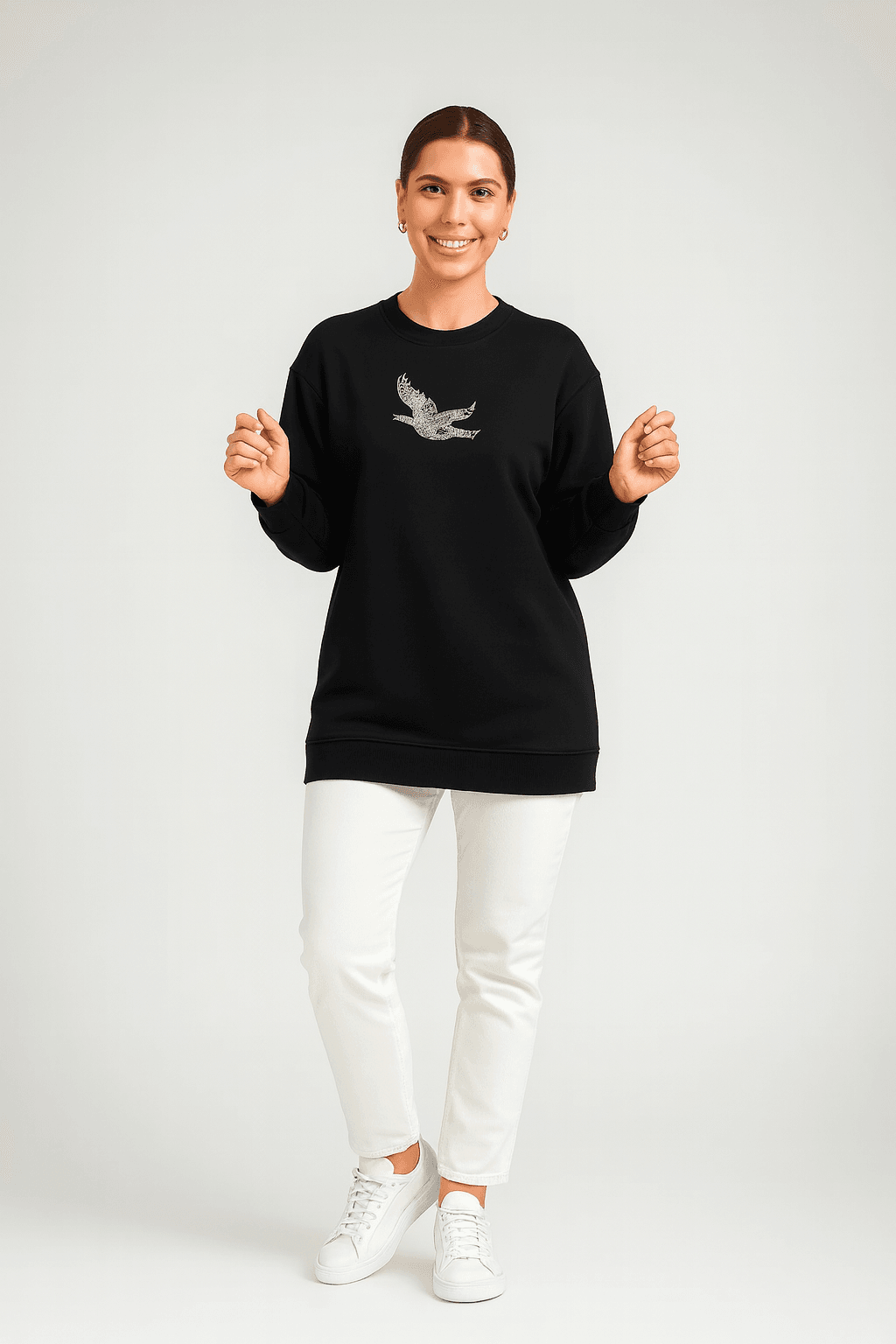 365 - Zincirli Kuşlu Taş Baskılı Premium Oysho™ Tunik - Siyah