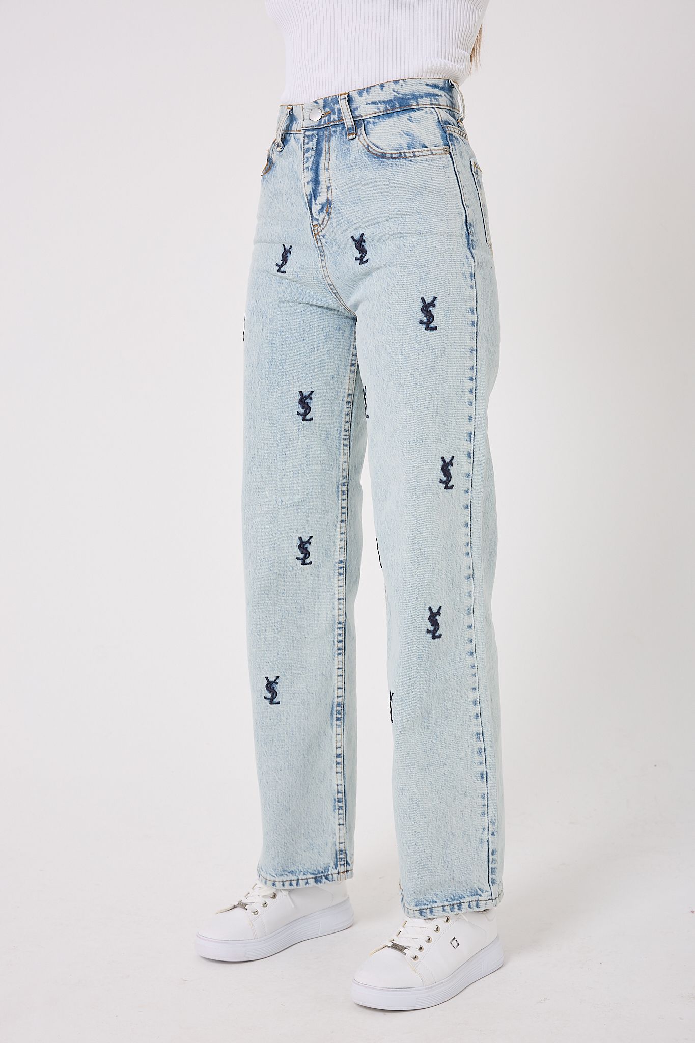 4602- Y S L Nakışlı Denim Palazzo Pantolon