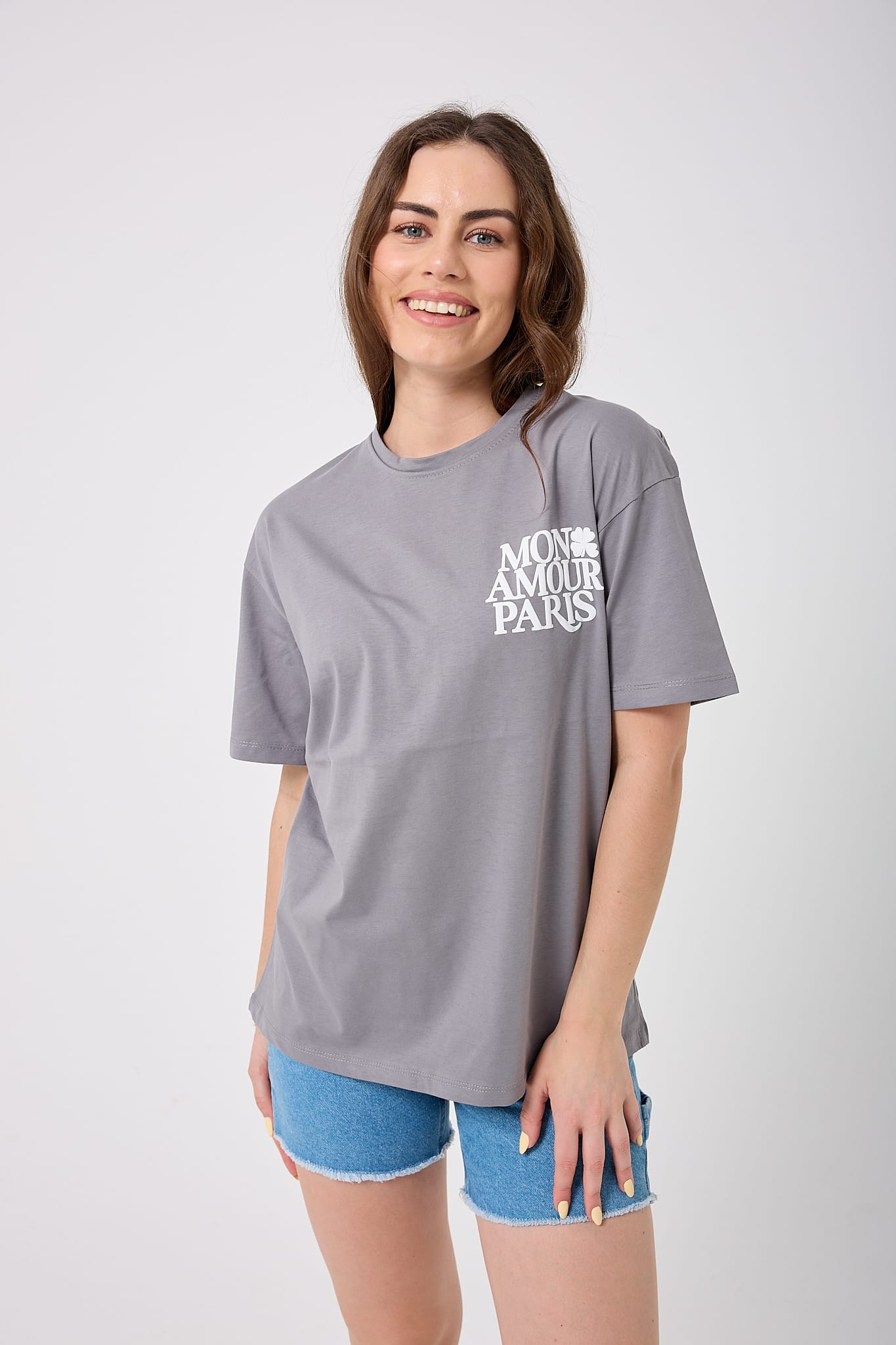 4617 - Oversize ÖN ARKA MON AMOUR PARİS Baskılı T-Shirt