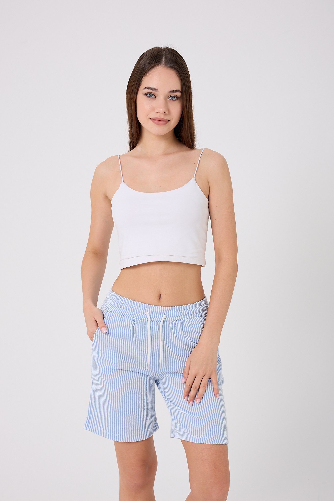 1428-Çizgili Klasik Şort - Bebe Mavi