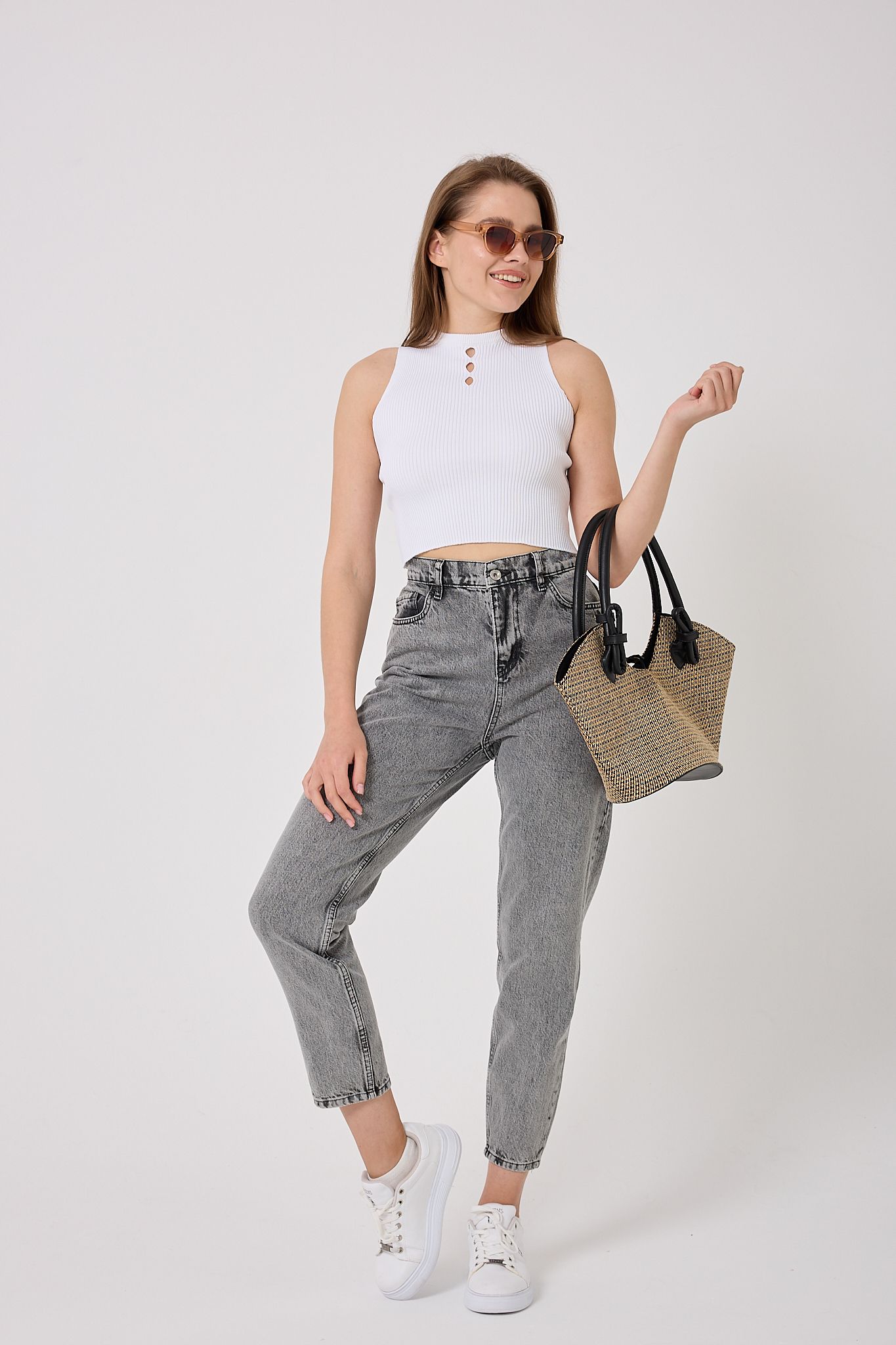 4607-Mom Denim Pantolon - Füme
