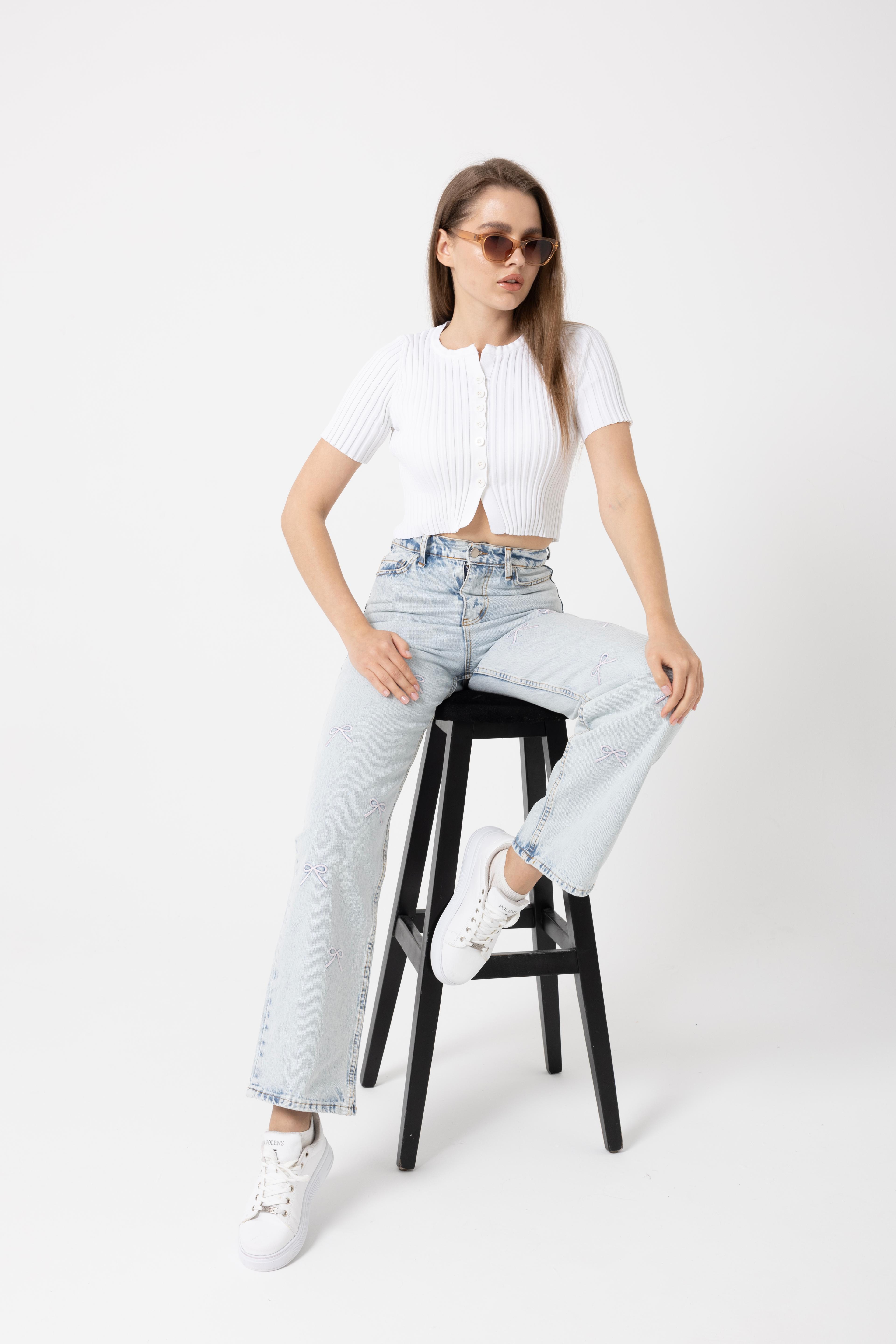 4601-Fiyonk Nakışlı Denim Palazzo Pantolon