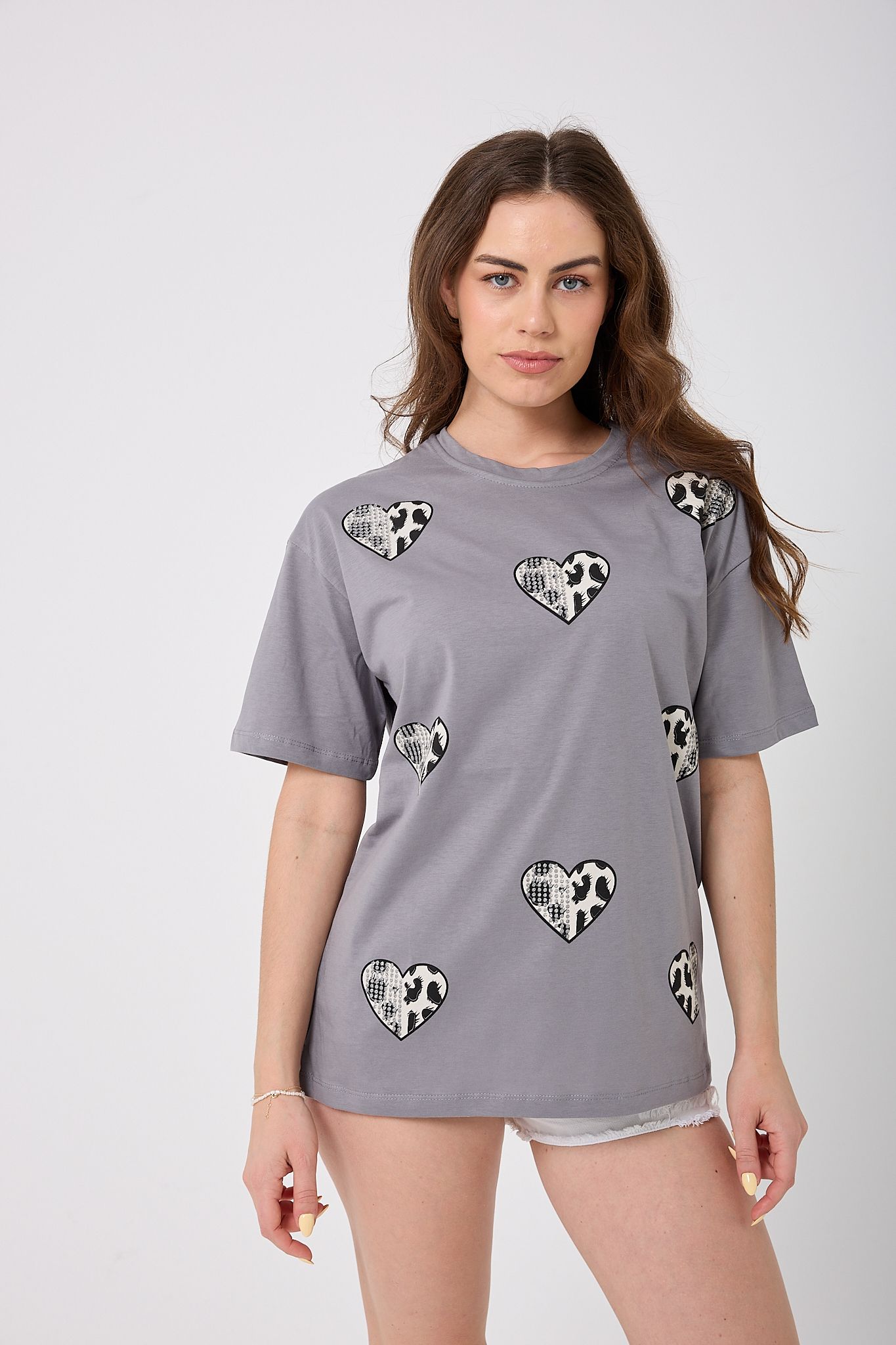 4618 - Oversize TAŞLI KALP Baskılı T-Shirt