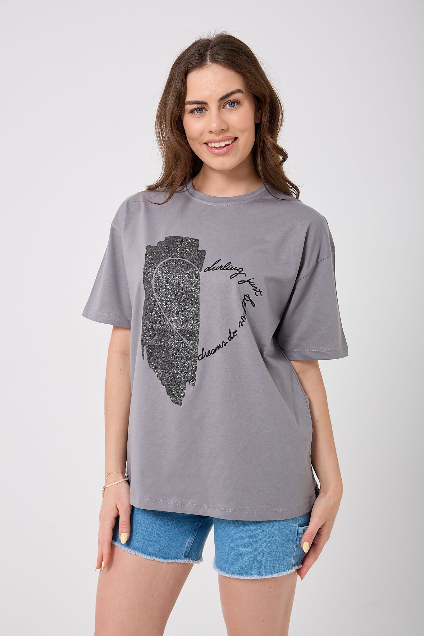 4625 - Oversize Simli Yarım Kalp Baskılı T-Shirt