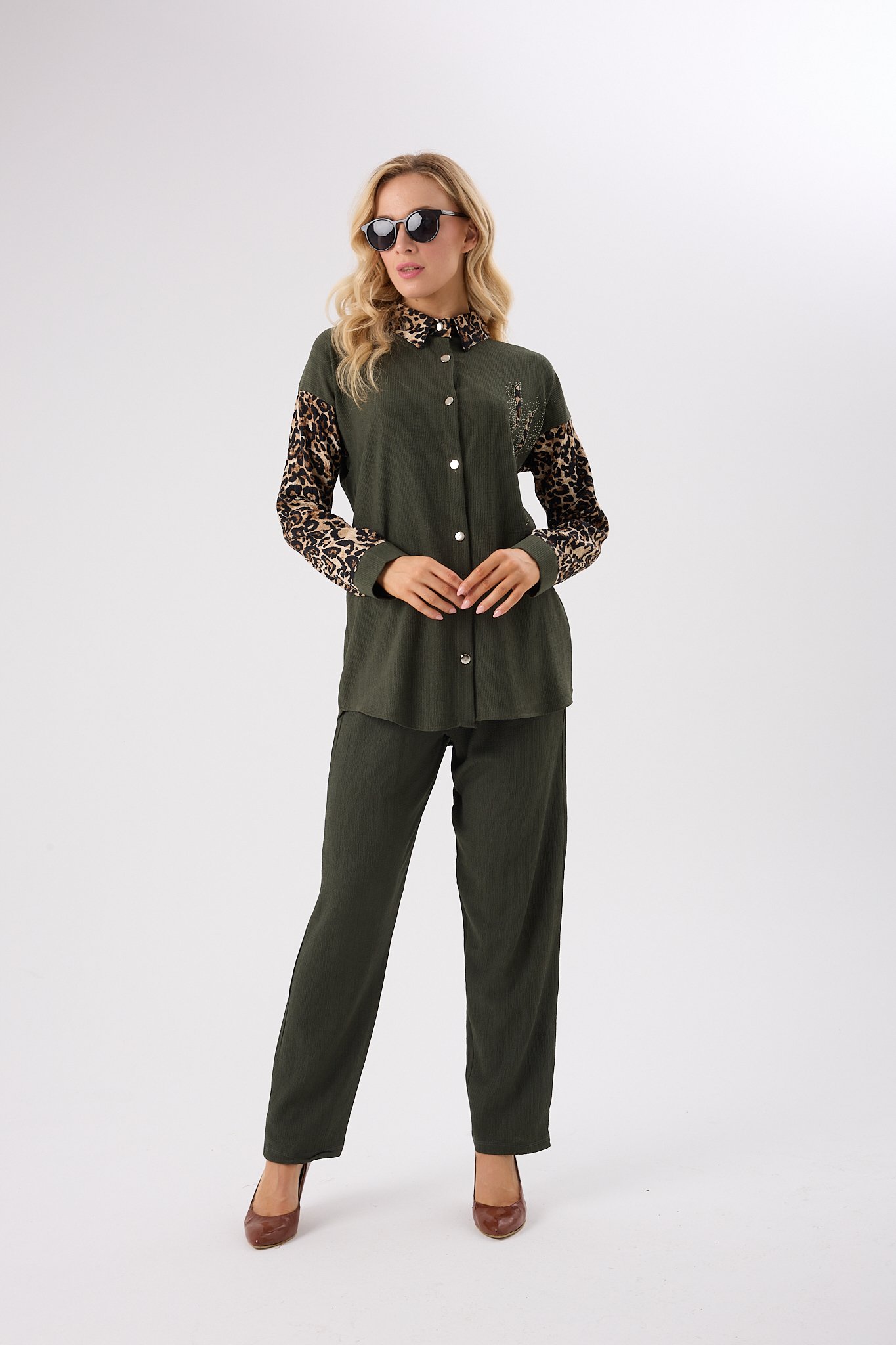 4633-Leopar Garnili Taşlı Alt Üst İkili Takım