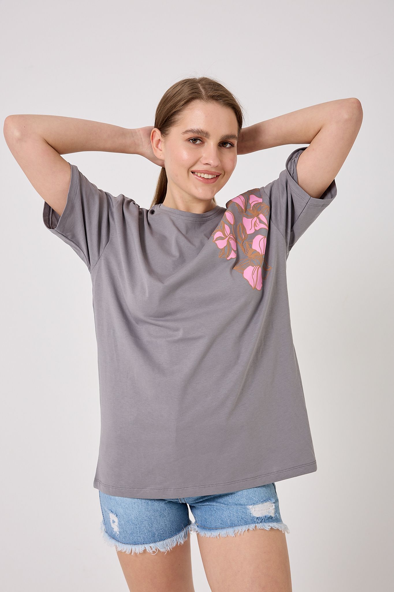4626 - Oversize Omuz Çiçek Baskılı T-Shirt