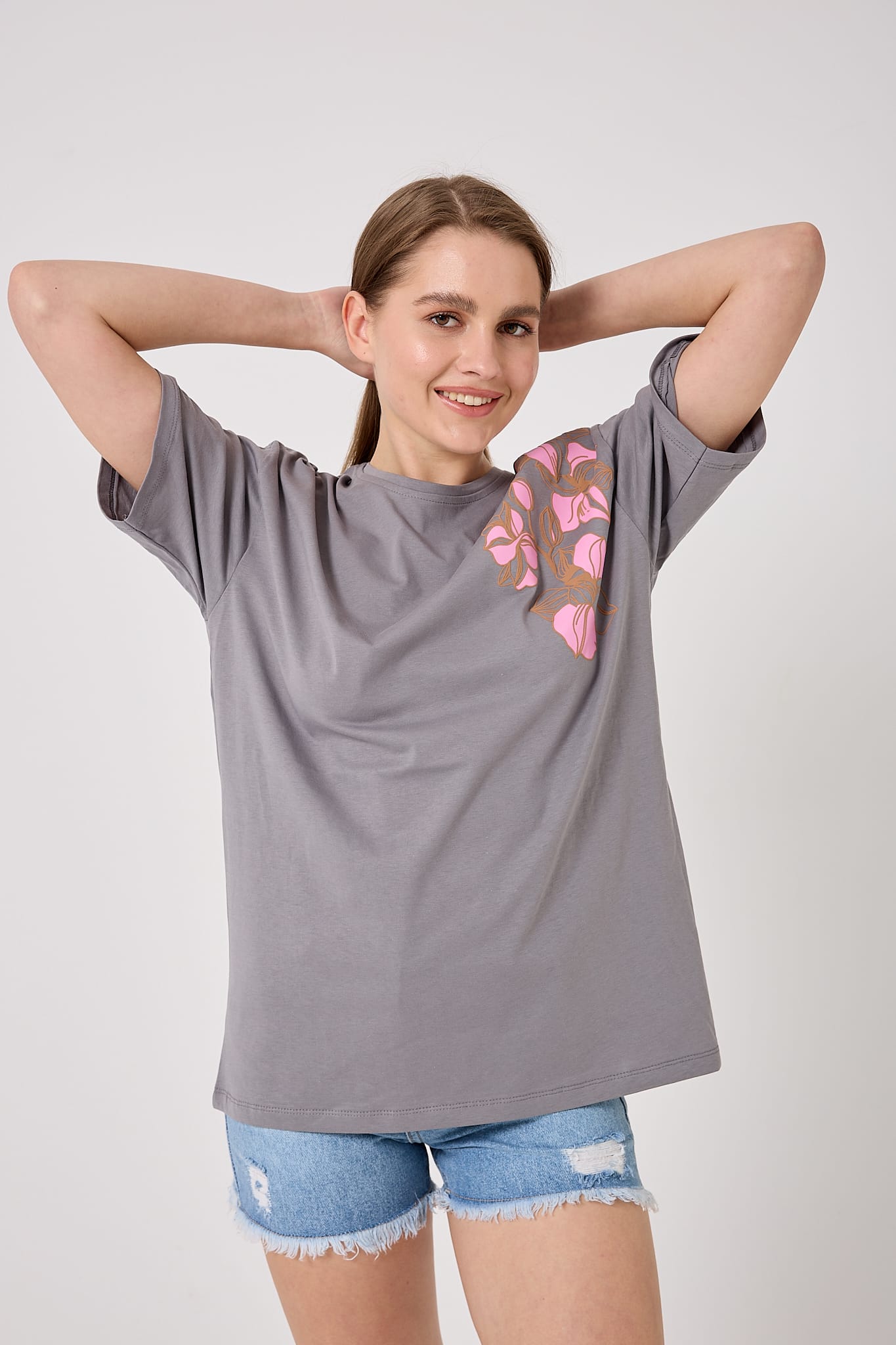 4626 - Oversize Omuz Çiçek Baskılı T-Shirt