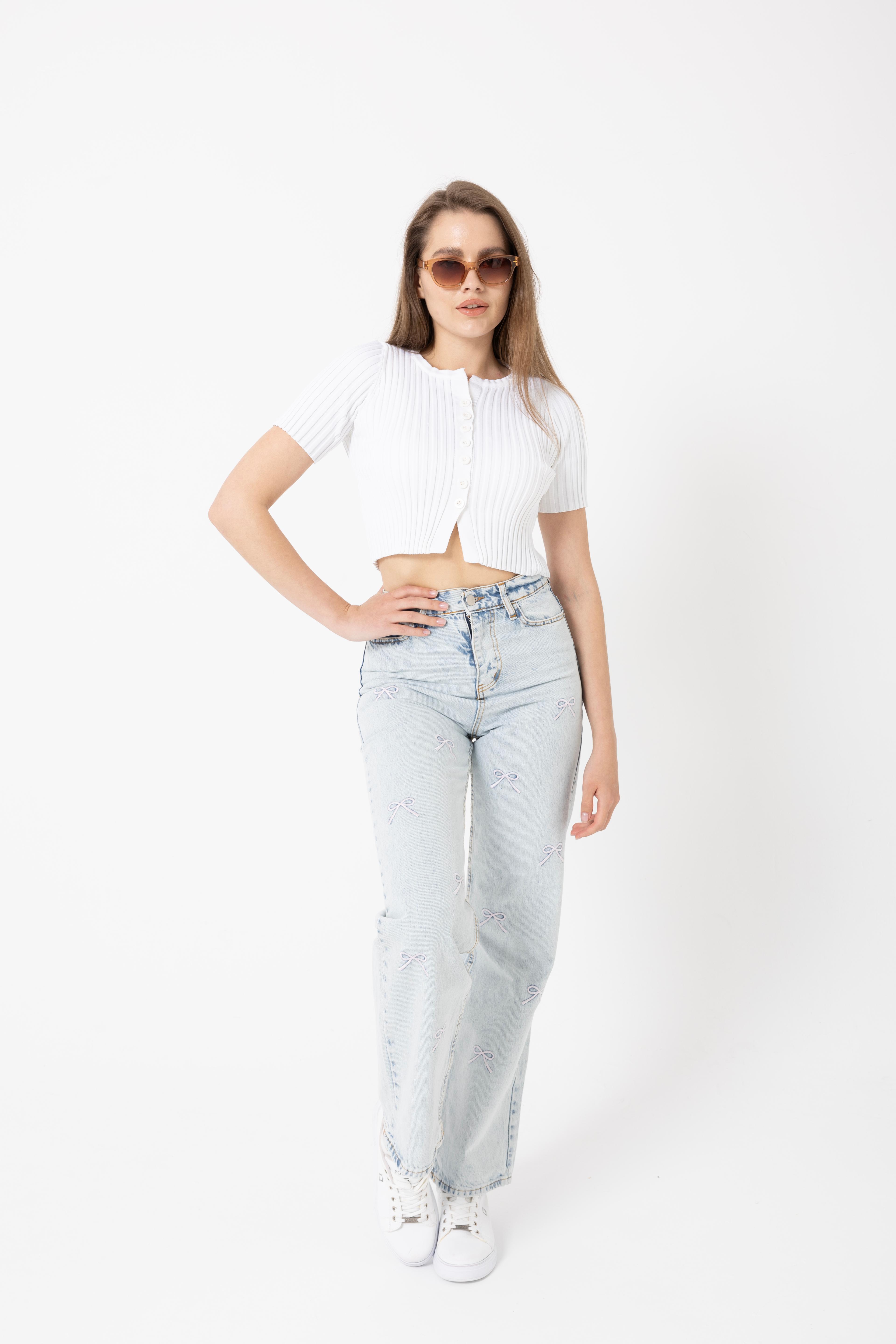 4601-Fiyonk Nakışlı Denim Palazzo Pantolon