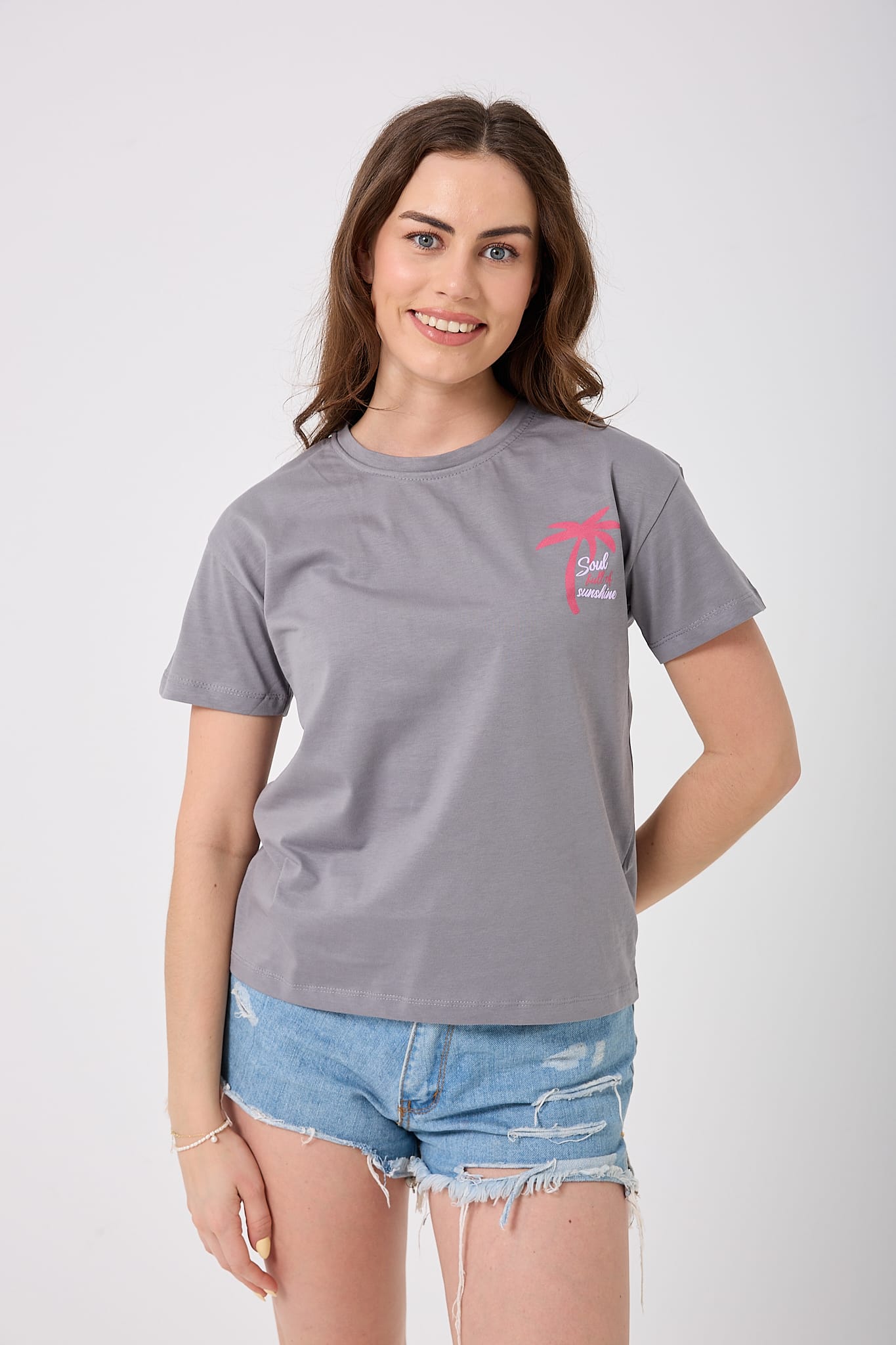 4624 - Palmiye Baskılı T-Shirt - Füme