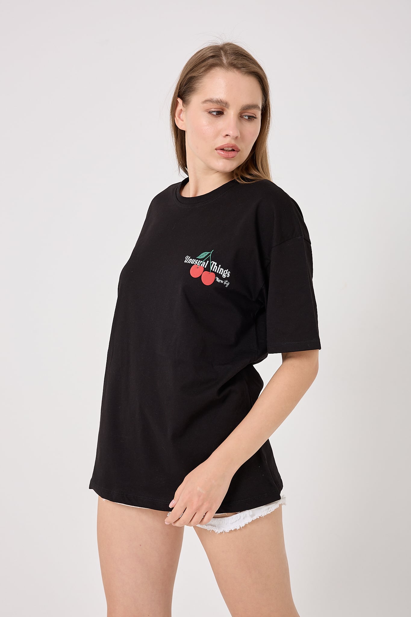 4611 - Oversize Kiraz Baskılı T-Shirt