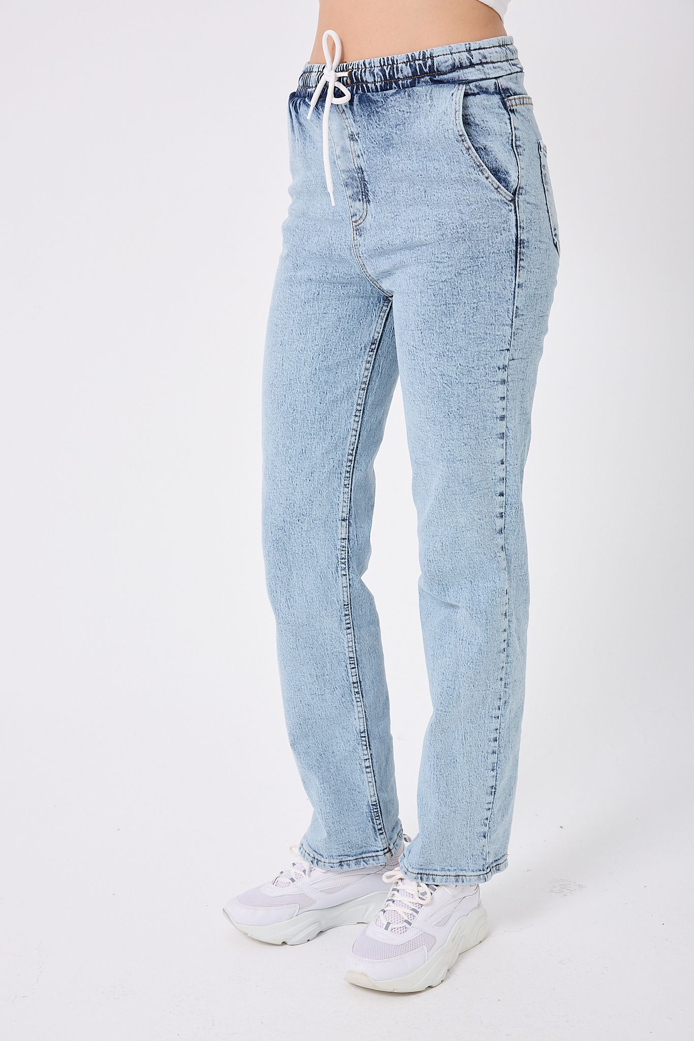 4653-Beli Lastikli Palazzo Kot Pantolon