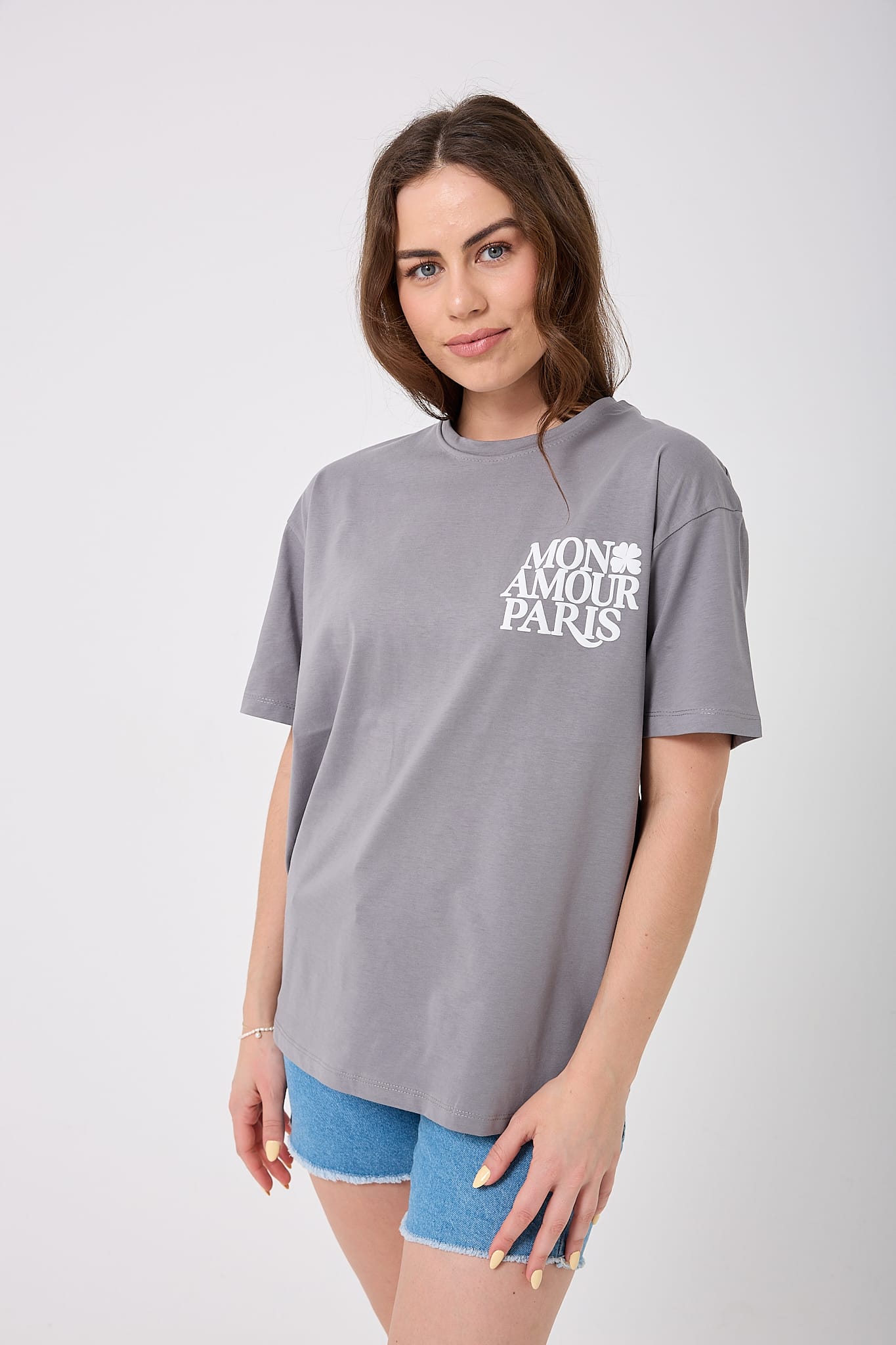 4617 - Oversize ÖN ARKA MON AMOUR PARİS Baskılı T-Shirt