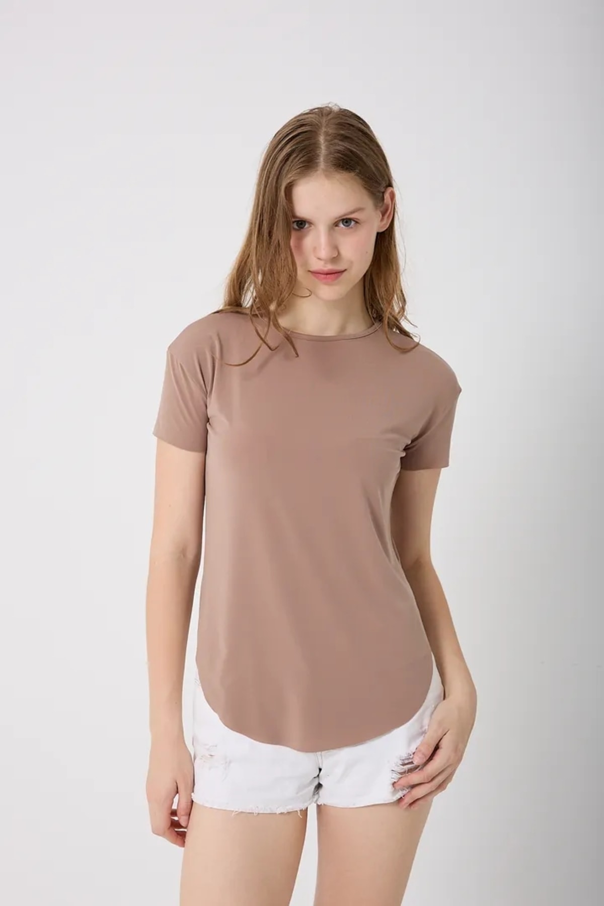 4650-Bisiklet Yaka T-Shirt - Vizon