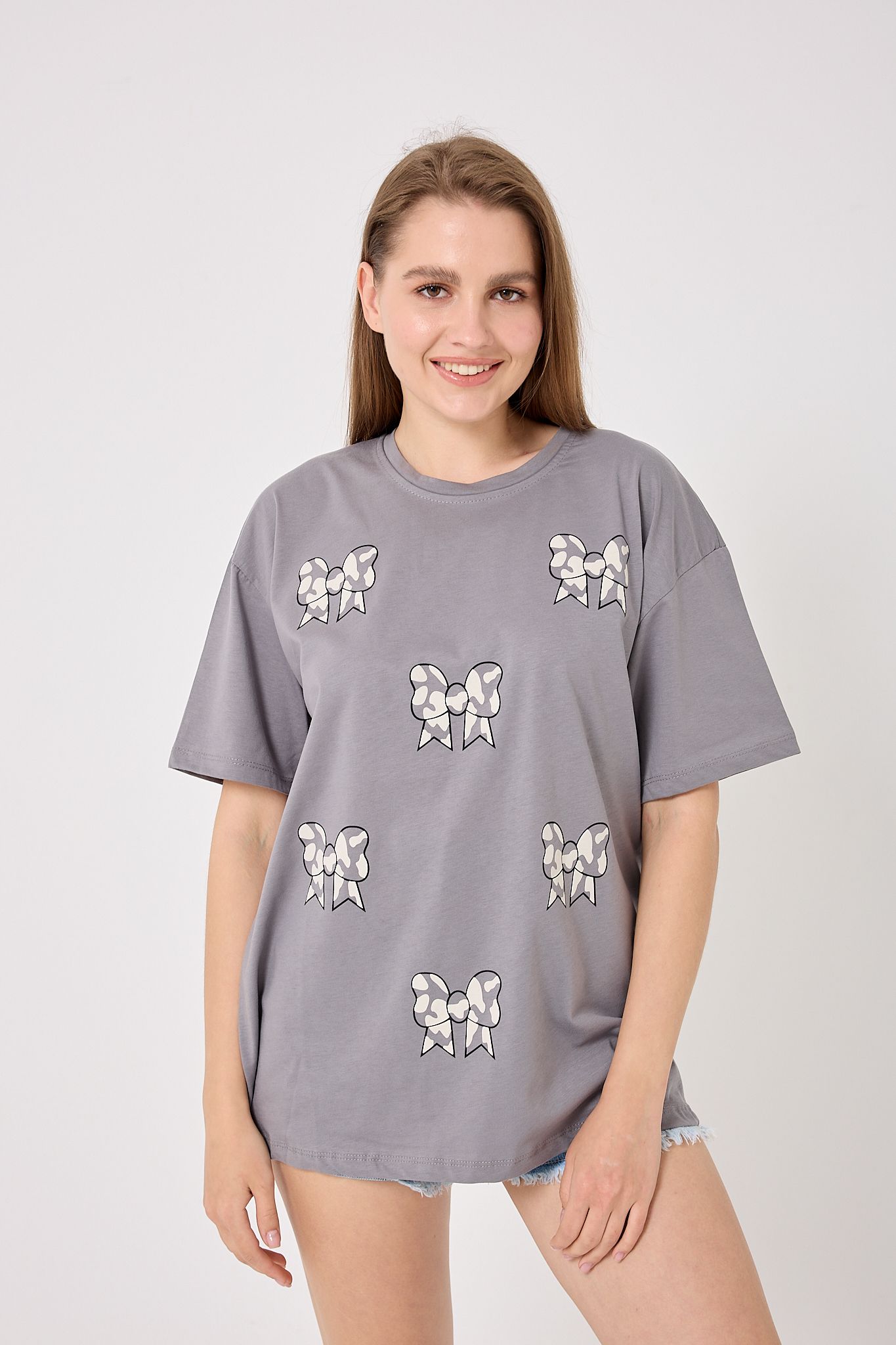 4610-Oversize Fiyonk Baskılı T-Shirt