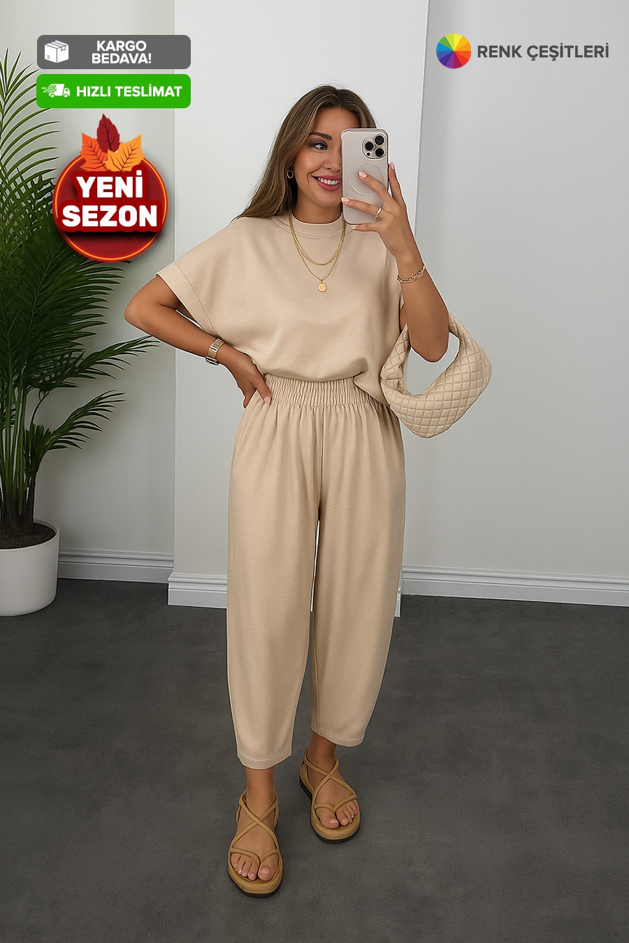 3426-Şalvarlı Oysho™ Premium Takım - Bej