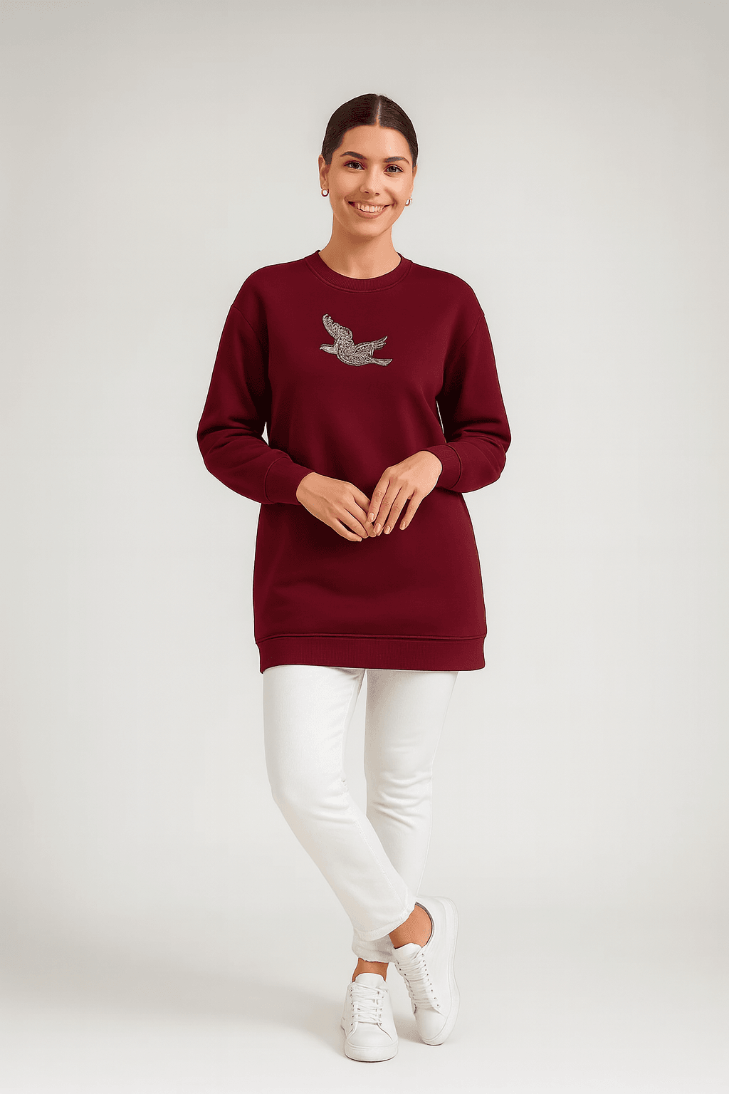 365 - Zincirli Kuşlu Taş Baskılı Premium Oysho™ Tunik - Bordo