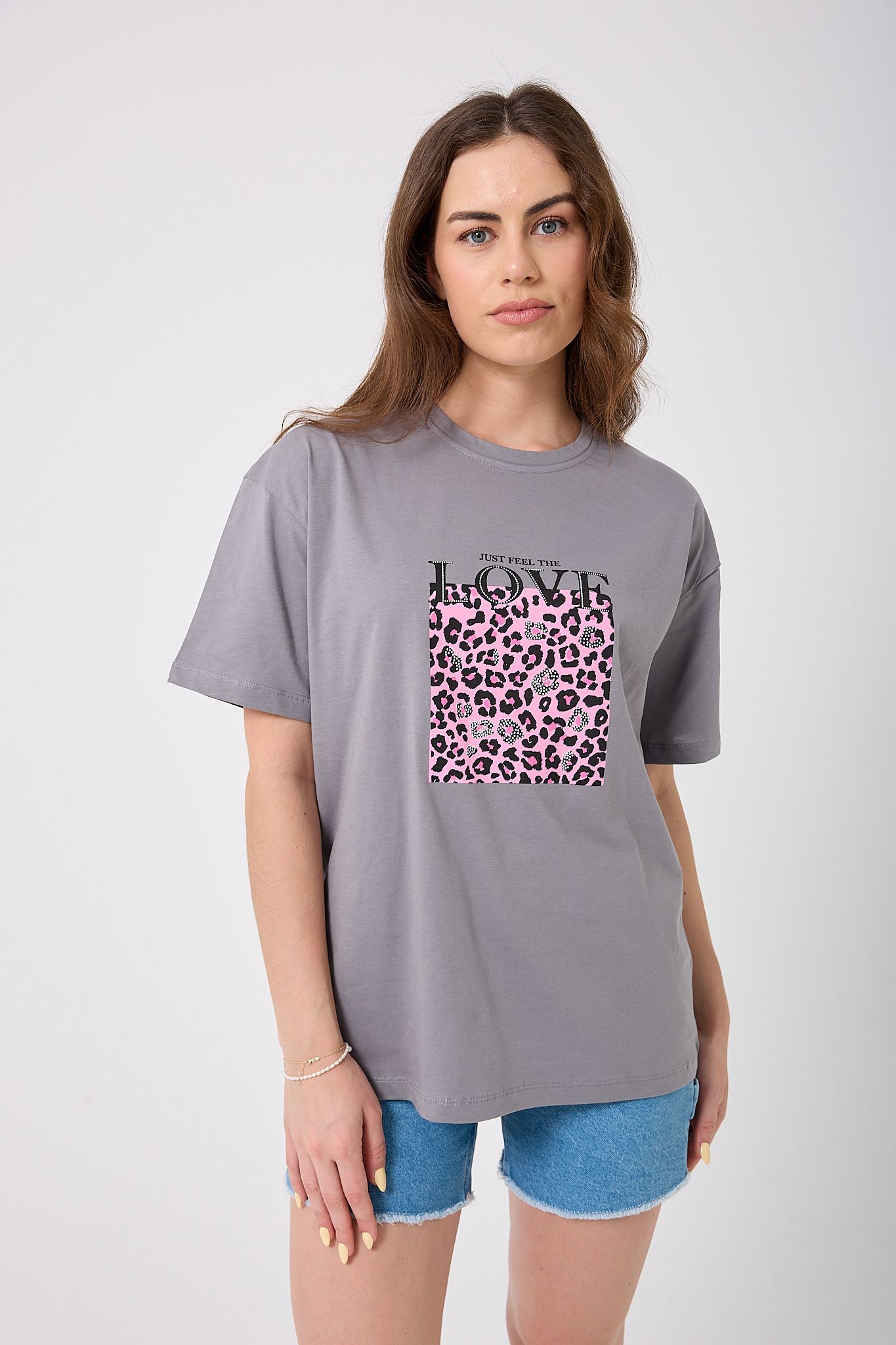 4620 - Oversize Just Feel The Love Yazı Baskılı T-Shirt