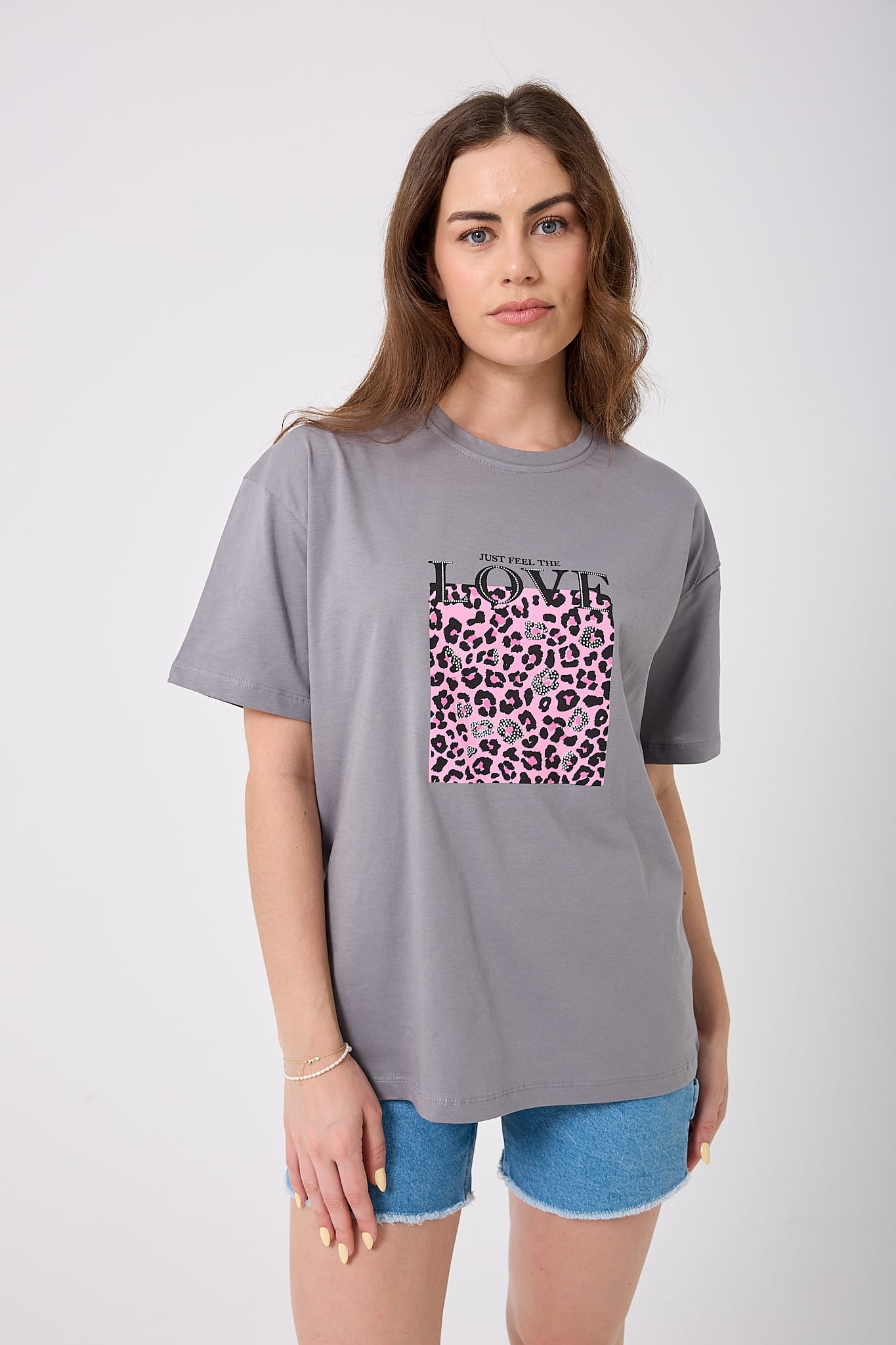 4620 - Oversize Just Feel The Love Yazı Baskılı T-Shirt