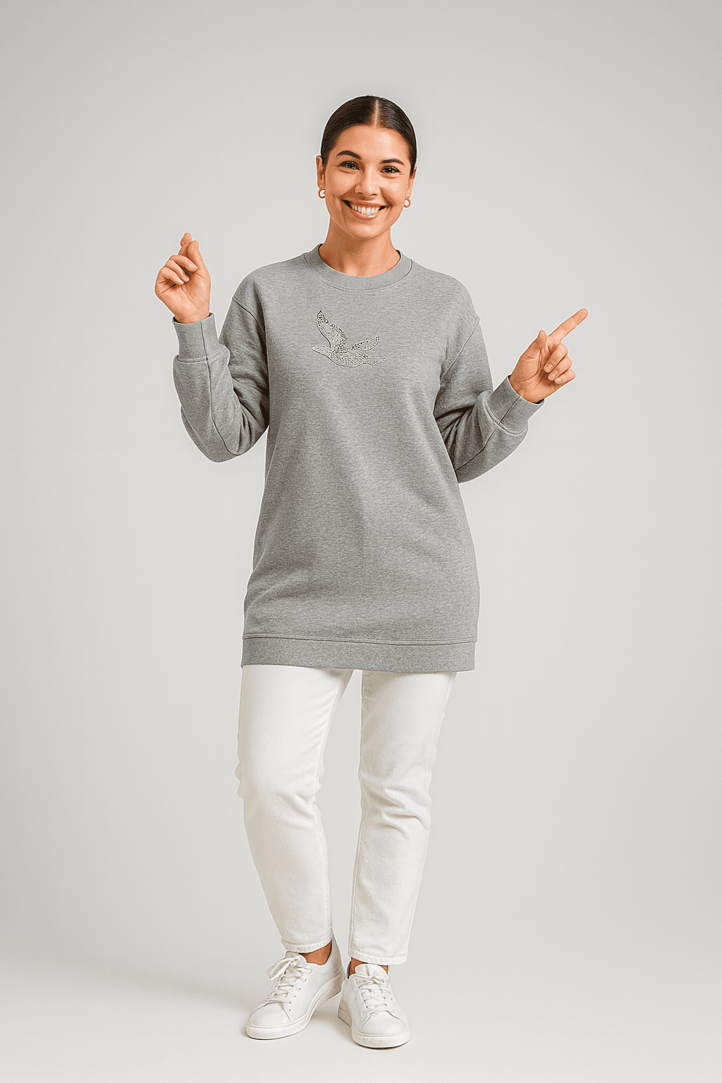 365 - Zincirli Kuşlu Taş Baskılı Premium Oysho™ Tunik - Gri