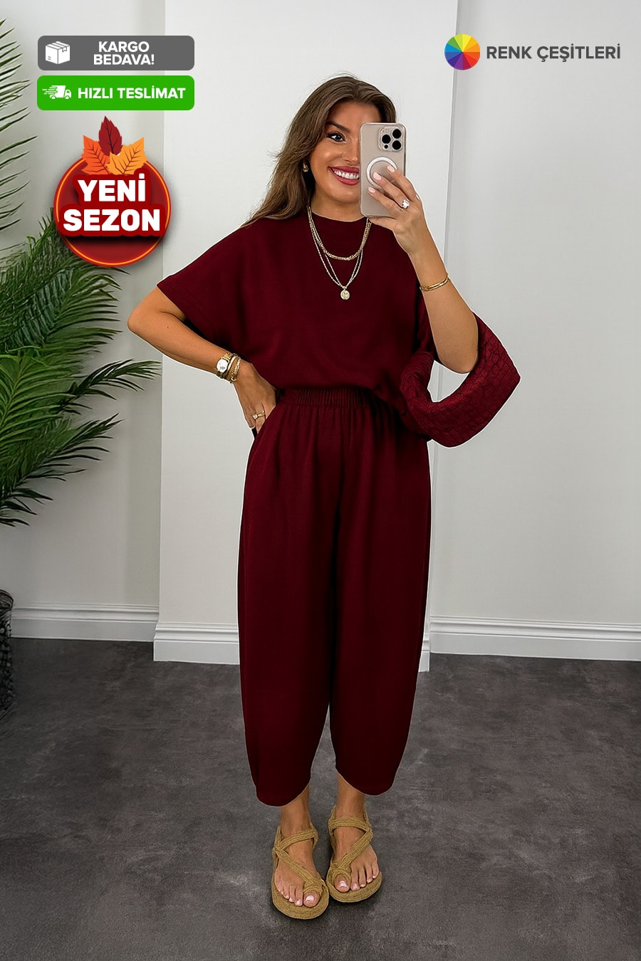 3426-Şalvarlı Oysho™ Premium Takım - Bordo