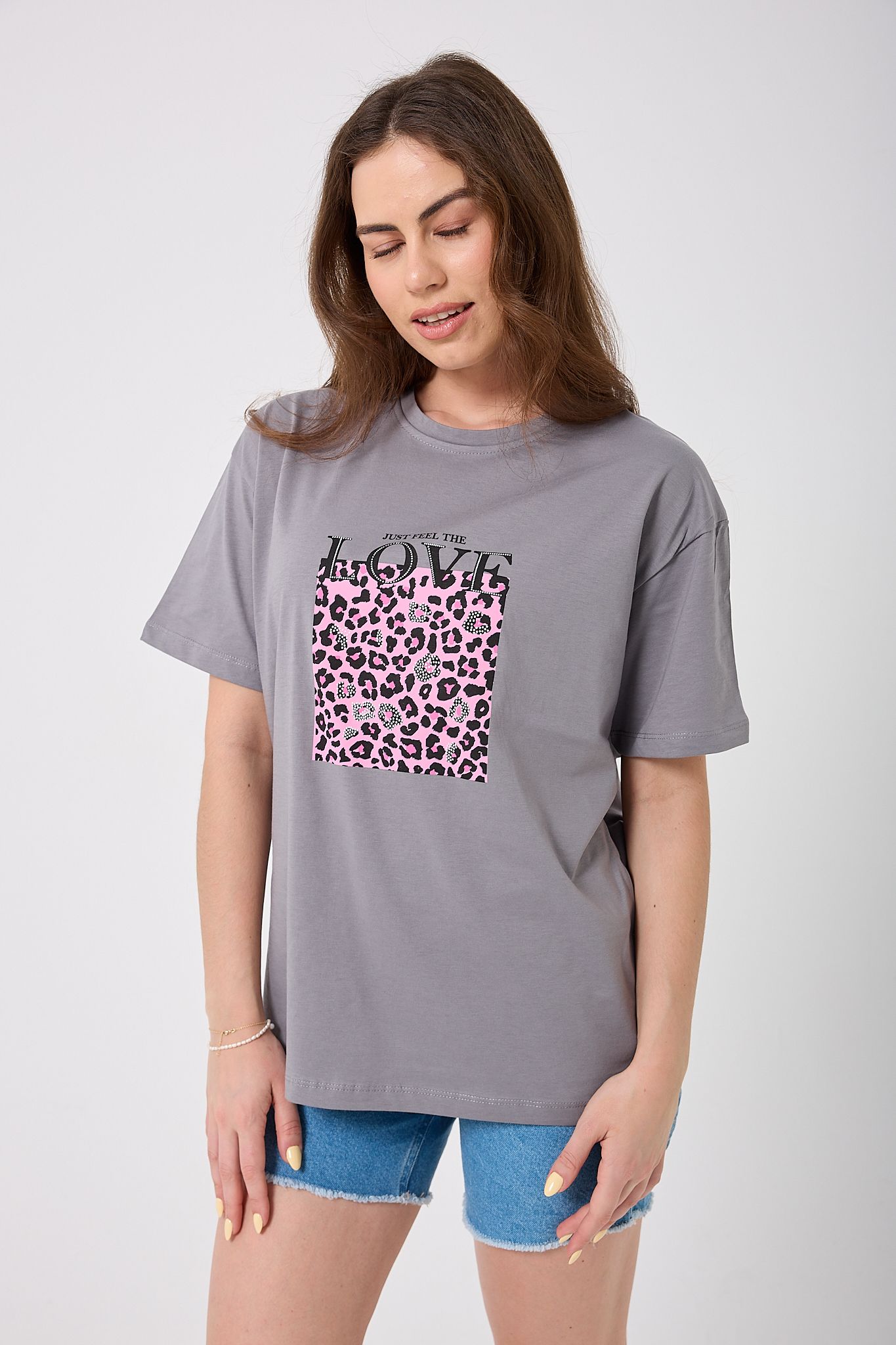 4620 - Oversize Just Feel The Love Yazı Baskılı T-Shirt
