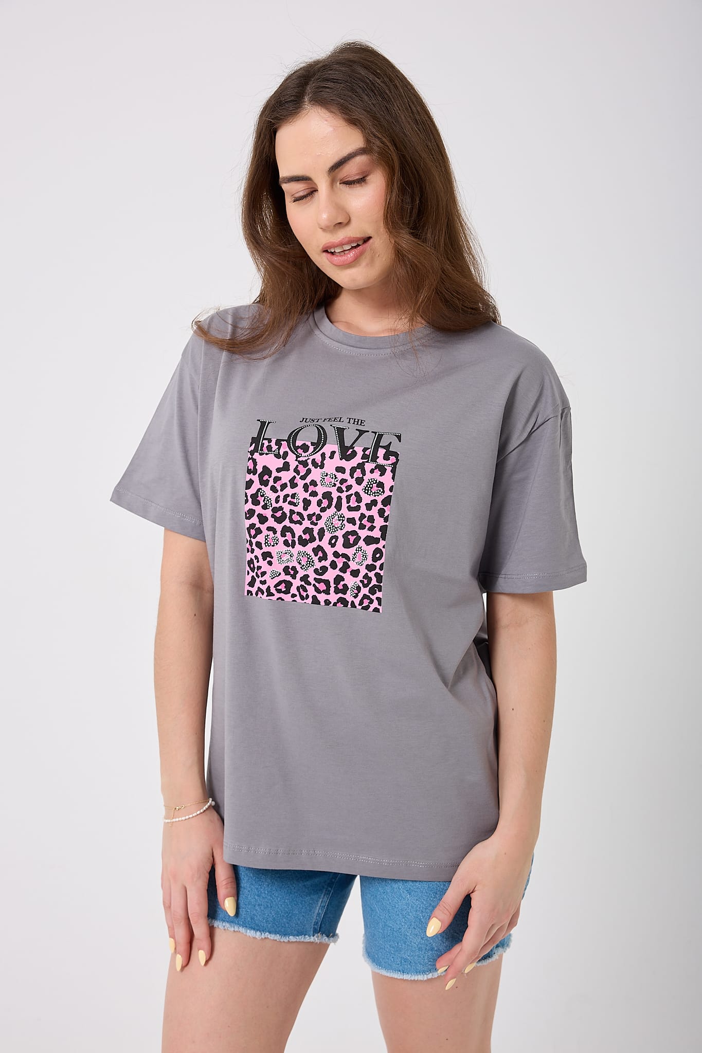 4620 - Oversize Just Feel The Love Yazı Baskılı T-Shirt