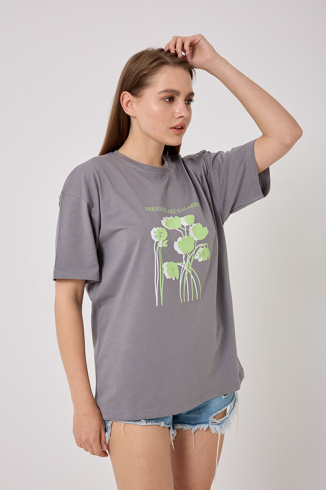 4614-Oversize DREAMER ART GALLERY Yazı Baskılı T-Shirt
