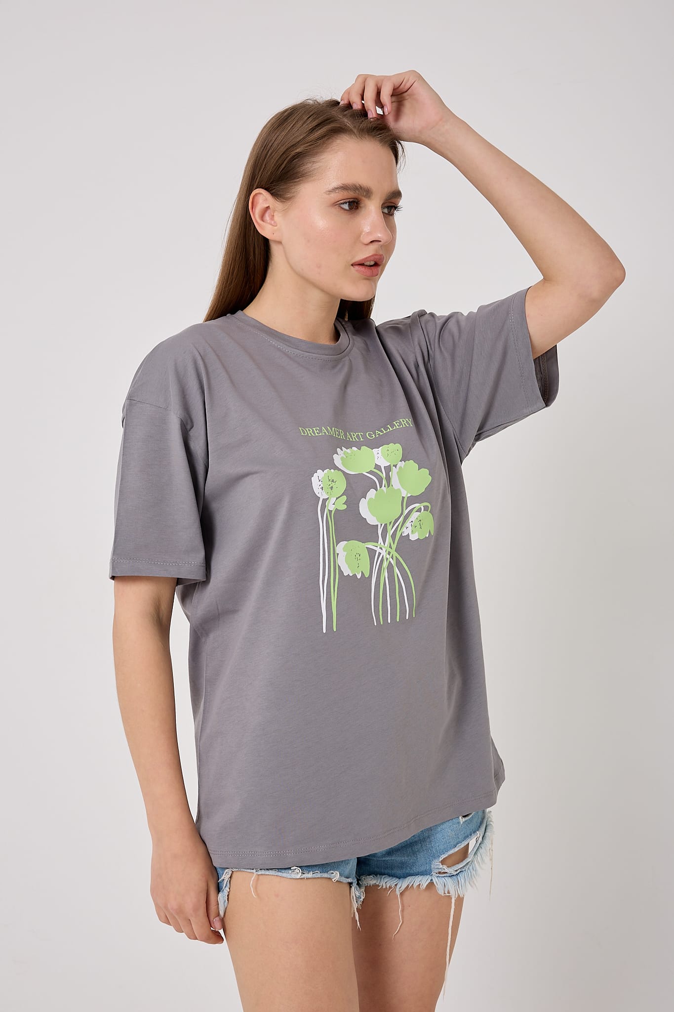 4614-Oversize DREAMER ART GALLERY Yazı Baskılı T-Shirt