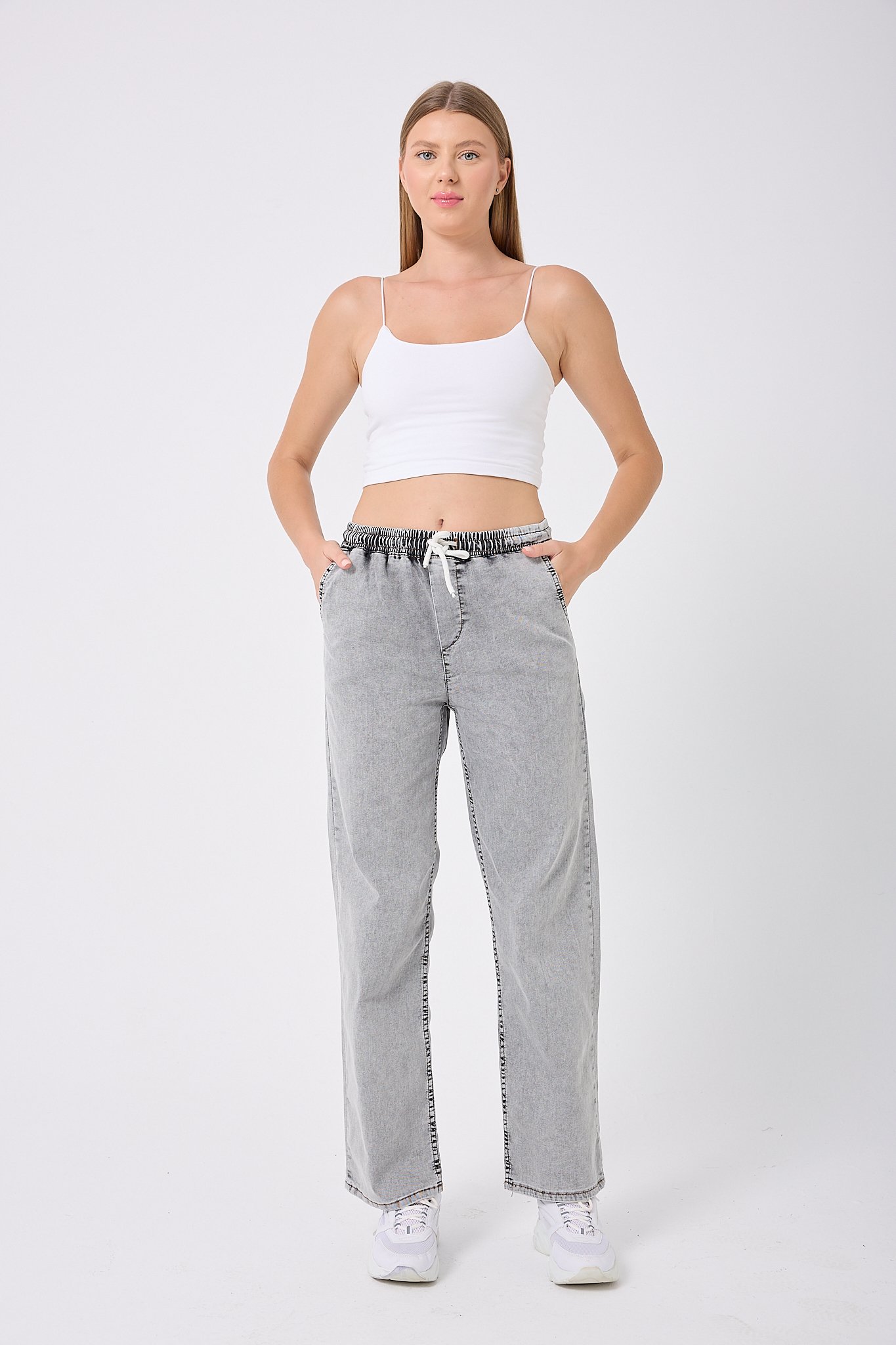 4653-Beli Lastikli Palazzo Kot Pantolon - Füme