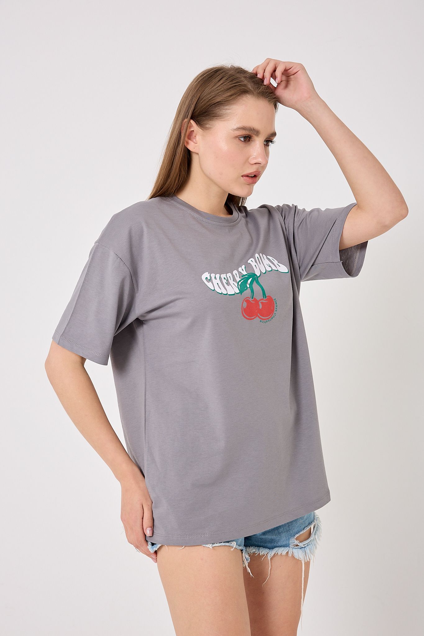  4616 - Oversize CHERRY BOMB Yazı Baskılı T-Shirt