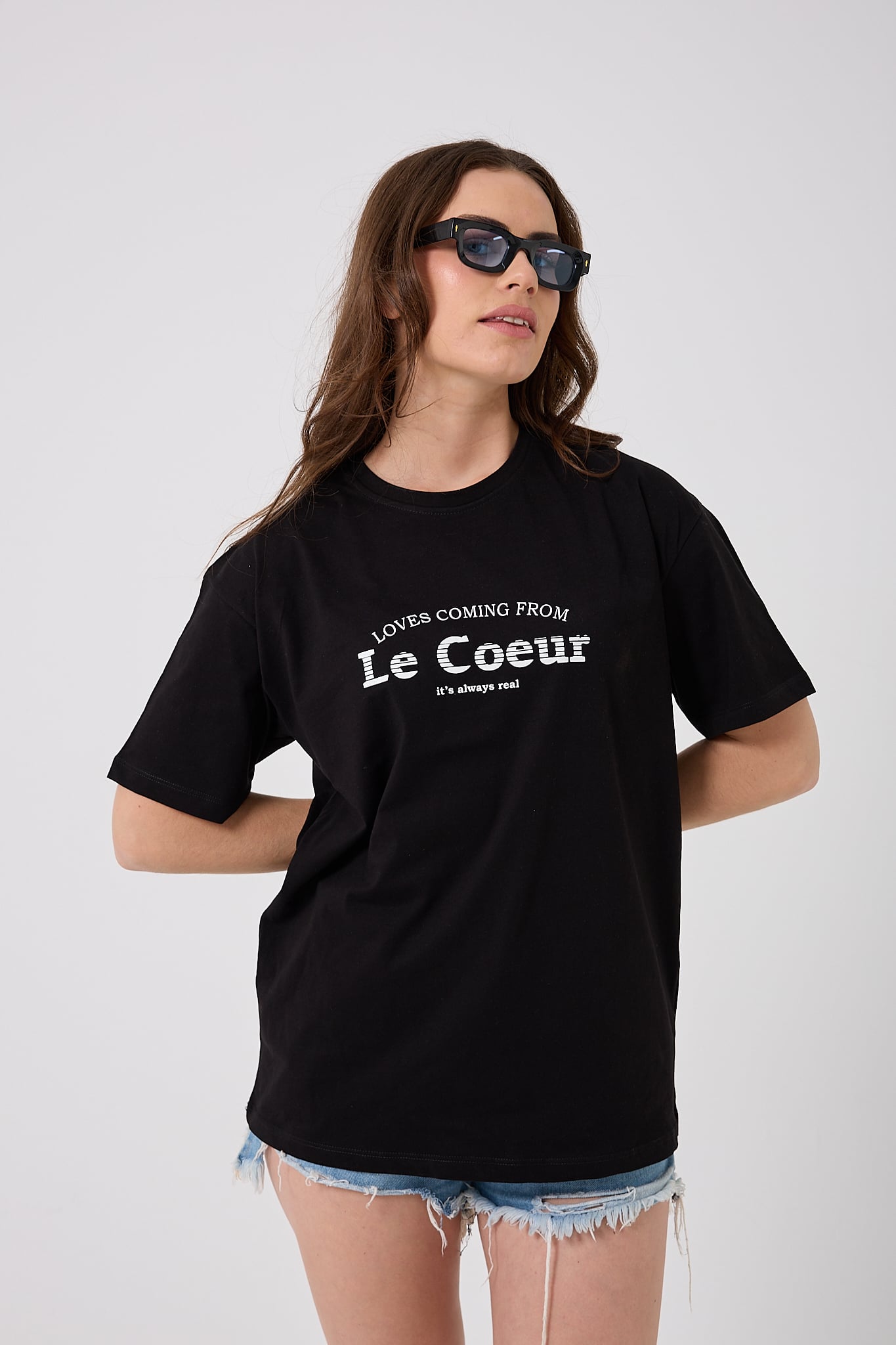 4615-Oversize Le Coeur Yazı Baskılı T-Shirt