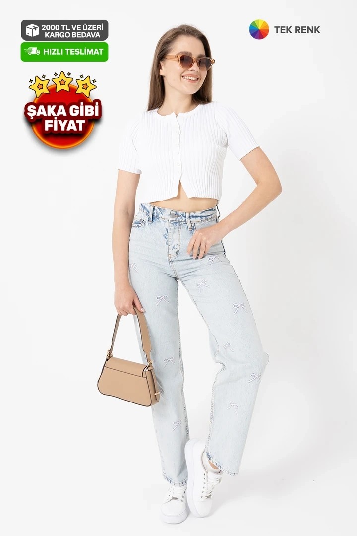 4601-Fiyonk Nakışlı Denim Palazzo Pantolon