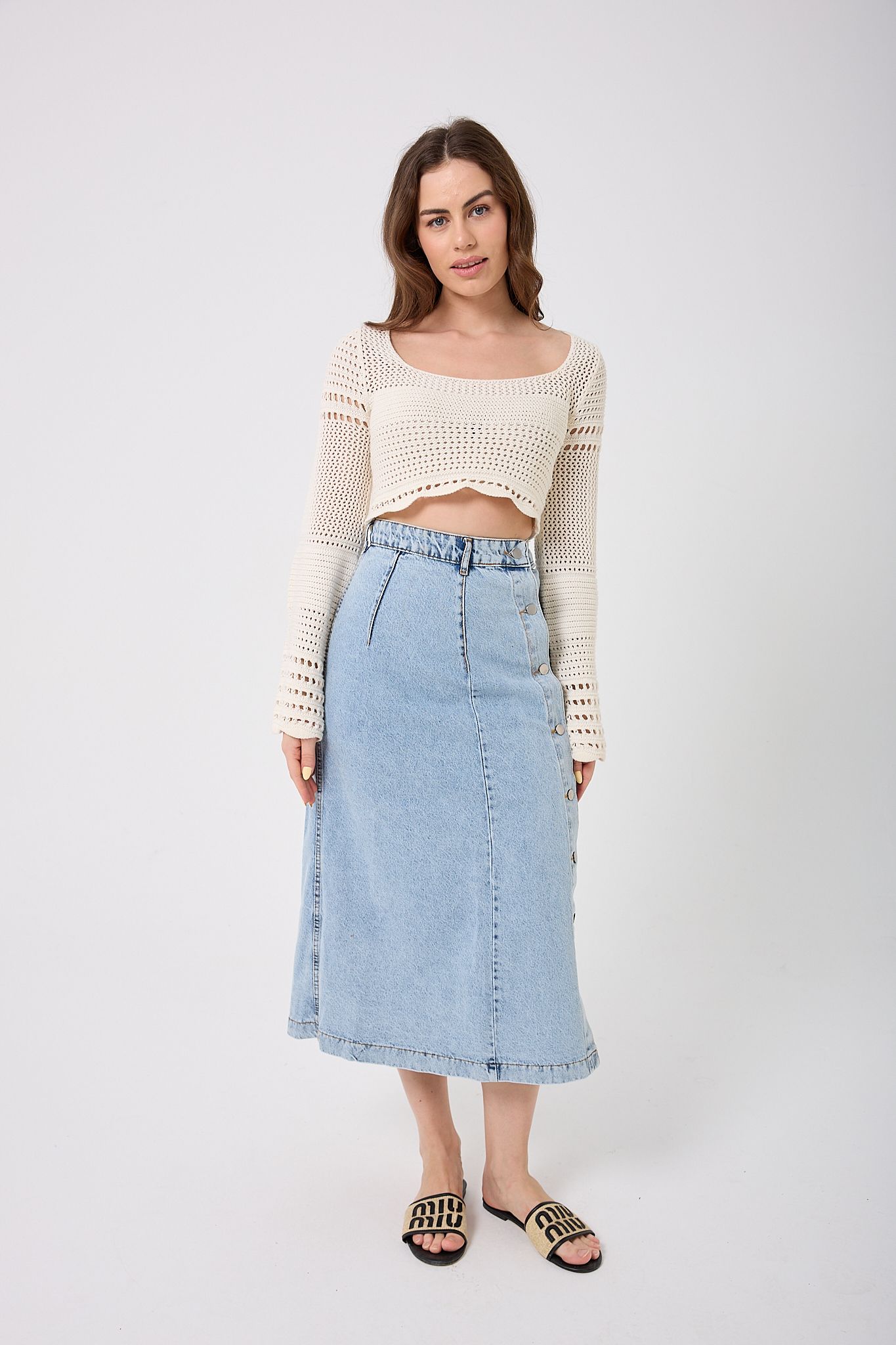  4609 - Önden Düğmeli Denim Etek - Kar Yıkama