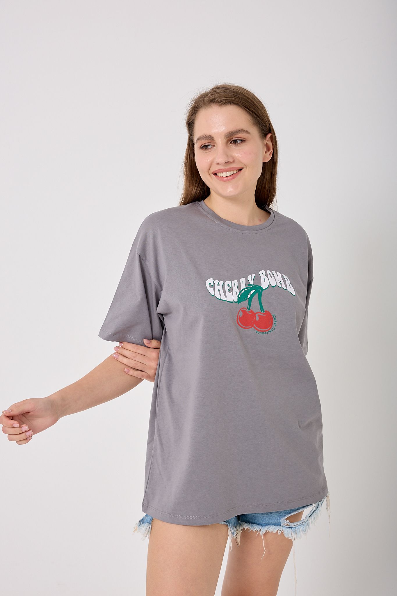  4616 - Oversize CHERRY BOMB Yazı Baskılı T-Shirt