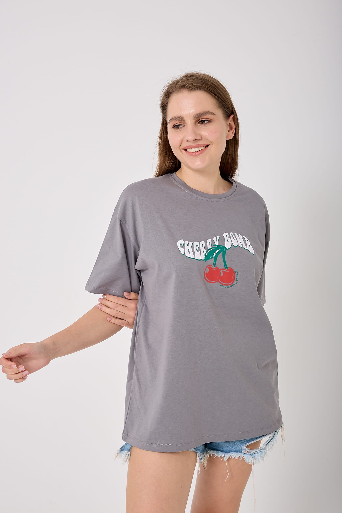 4616 - Oversize CHERRY BOMB Yazı Baskılı T-Shirt