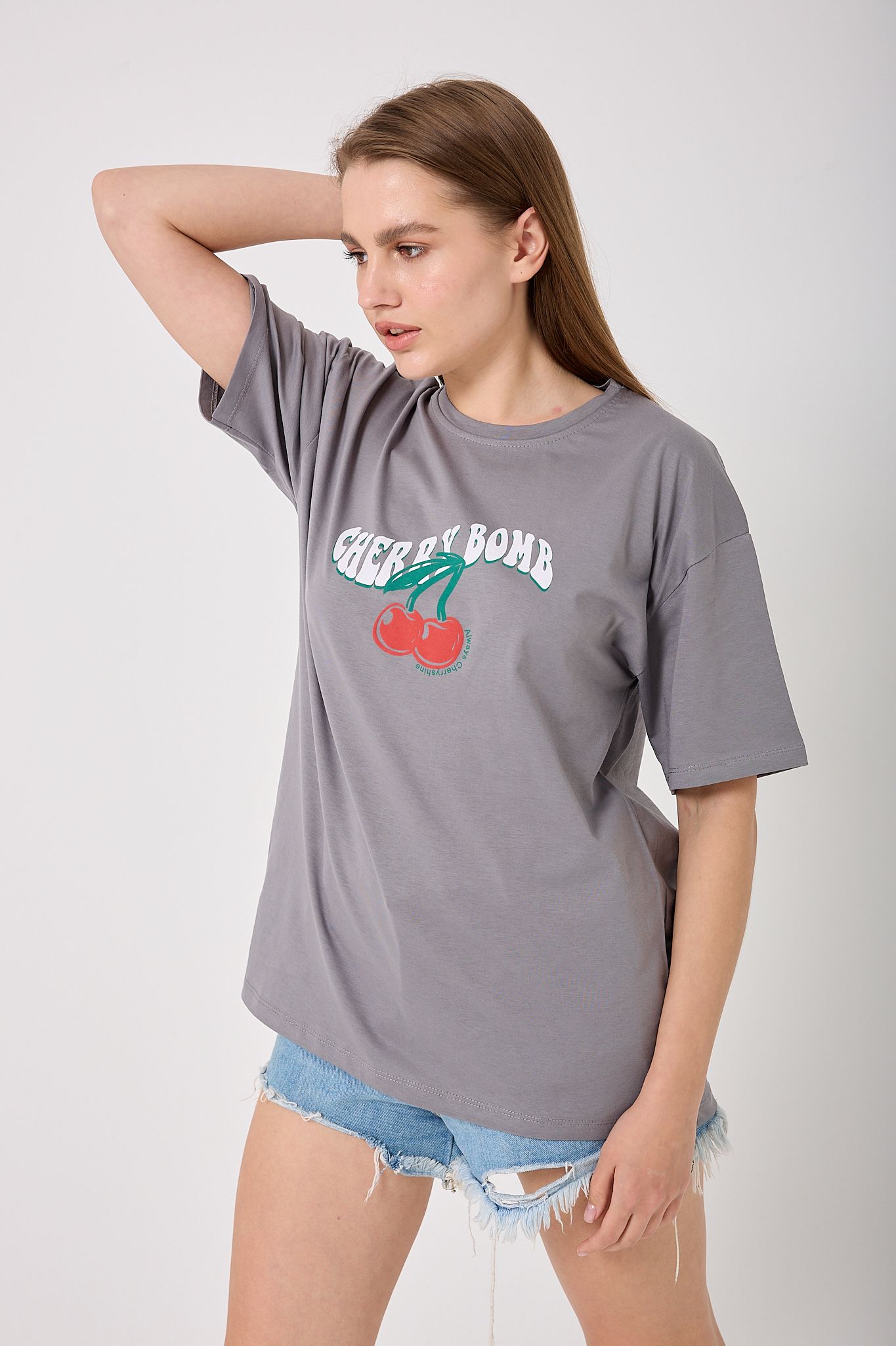  4616 - Oversize CHERRY BOMB Yazı Baskılı T-Shirt