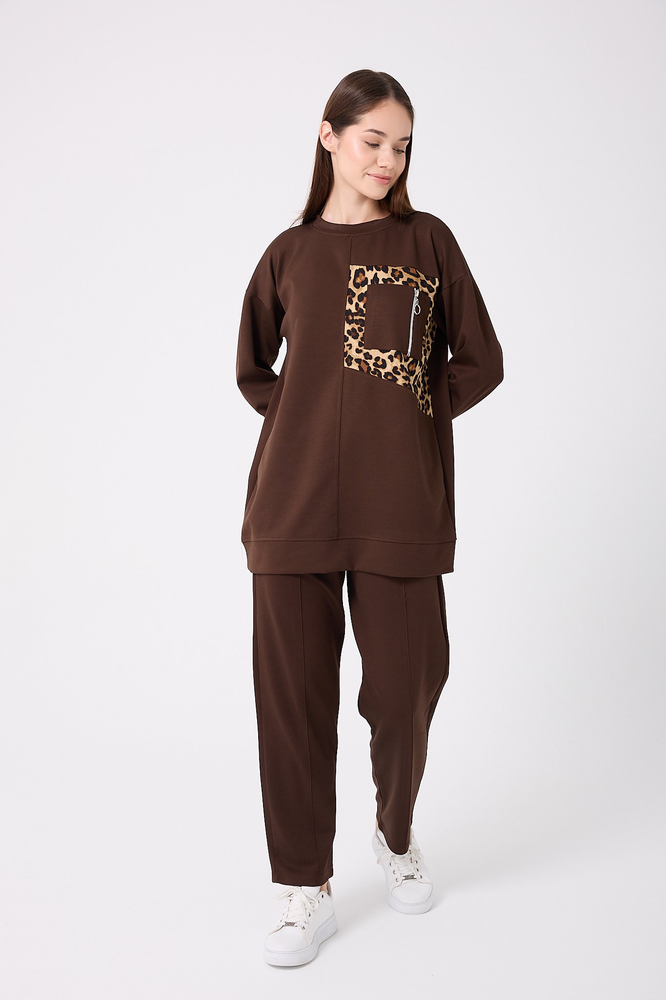 4644-Leopar Cep Garnili Fermuar Detaylı Alt Üst İkili Takım